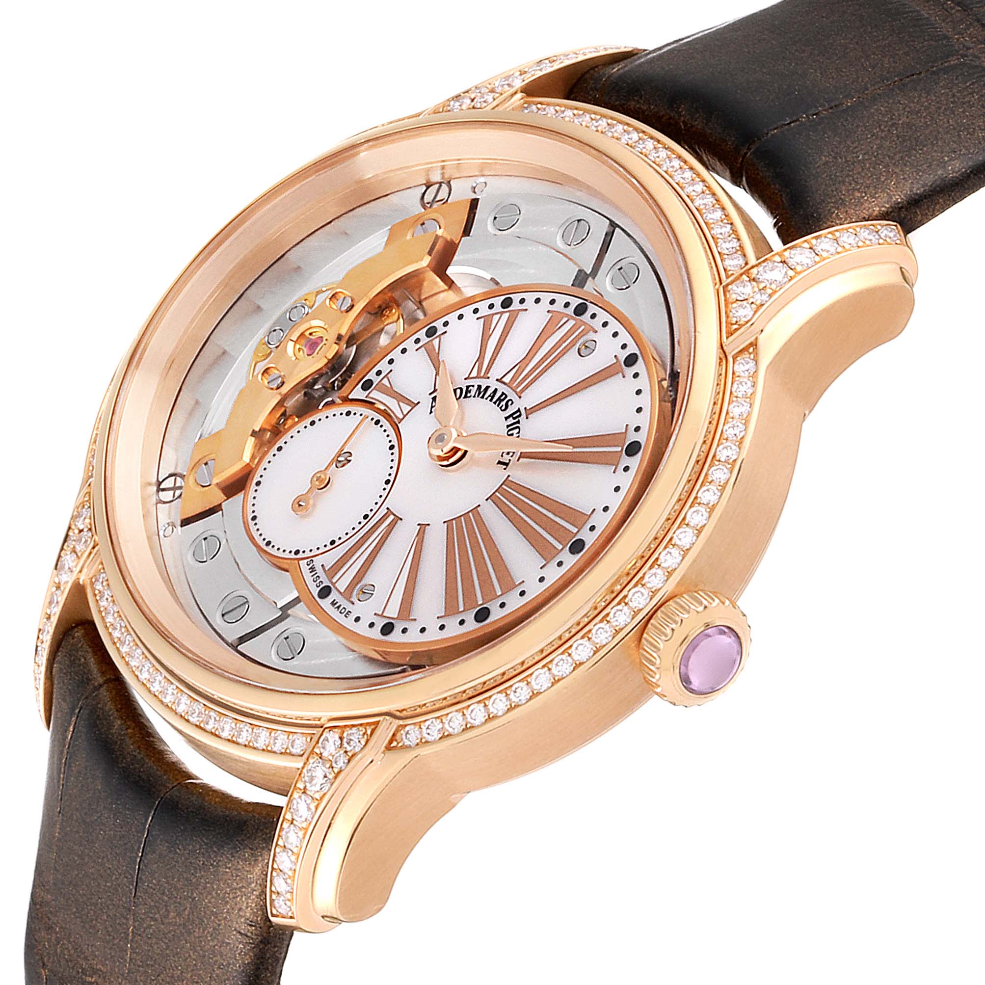 The image shows a side-angle view of a Millenary model by Audemars Piguet, showcasing its dial, crown, and strap details.
