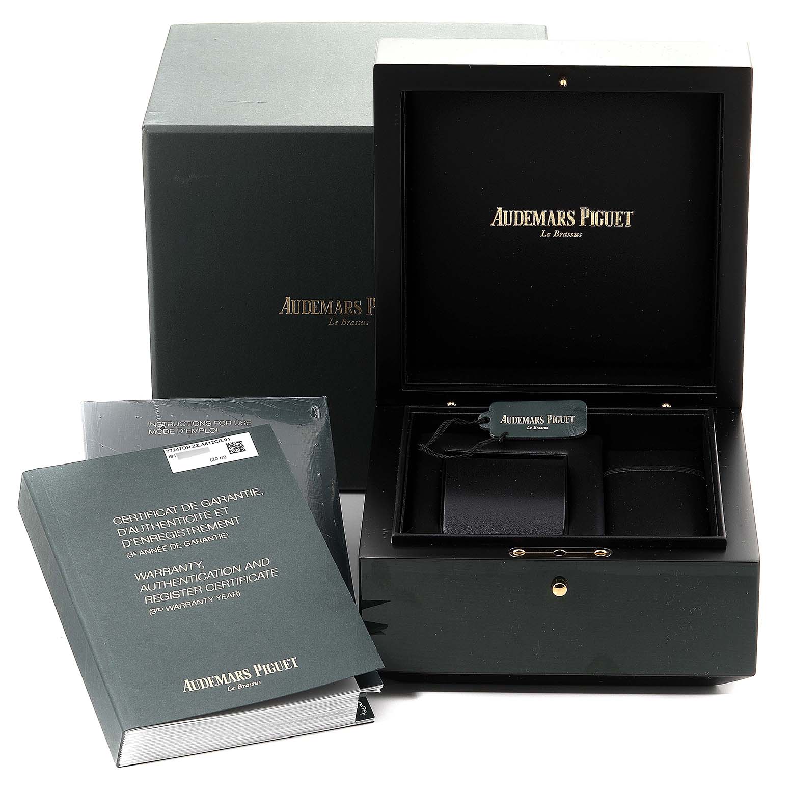The image shows the packaging, box, and warranty certificate for the Audemars Piguet Millenary 77247OR.ZZ.1272OR.01 Women's Rose Gold Mother of Pearl Dial 77247OR.ZZ.1272OR.01 Women's Rose Gold Mother of Pearl Dial watch.
