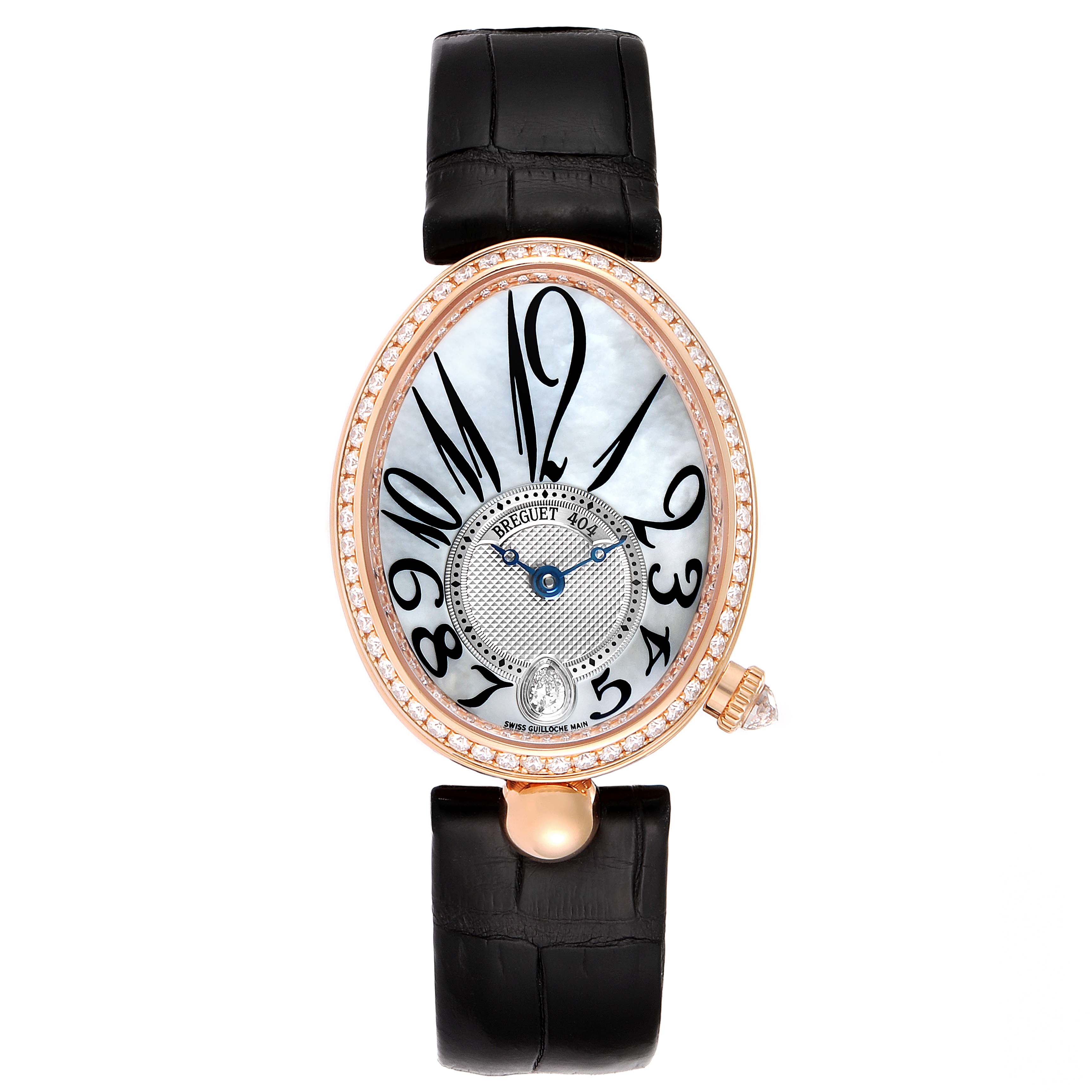 The image shows a front view of the Breguet Reine de Naples 8918BR/58/964/D00D Women's Rose Gold Mother of Pearl Dial 8918BR/58/964/D00D Women's Rose Gold Mother of Pearl Dial watch, highlighting its oval face, black strap, and diamond bezel.