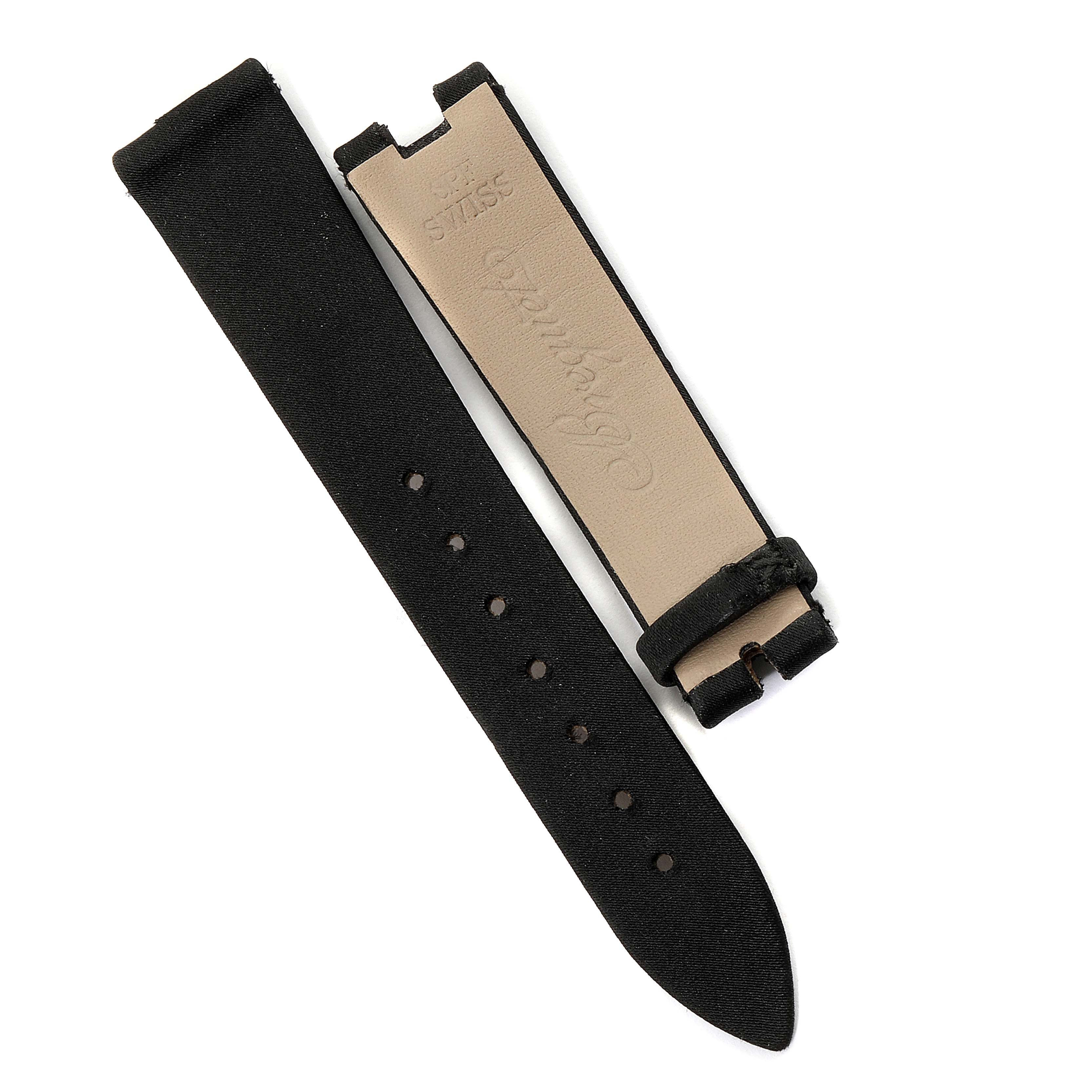 The image shows a black leather watch strap from the Reine de Naples model by Breguet, displayed flat from the top angle.