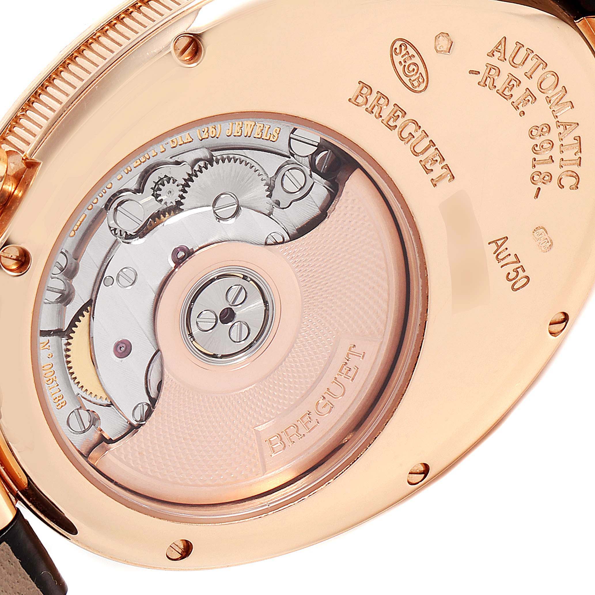 This image shows the back of a Breguet Reine de Naples 8918BR/58/964/D00D Women's Rose Gold Mother of Pearl Dial 8918BR/58/964/D00D Women's Rose Gold Mother of Pearl Dial watch, highlighting its automatic movement and intricate mechanisms.