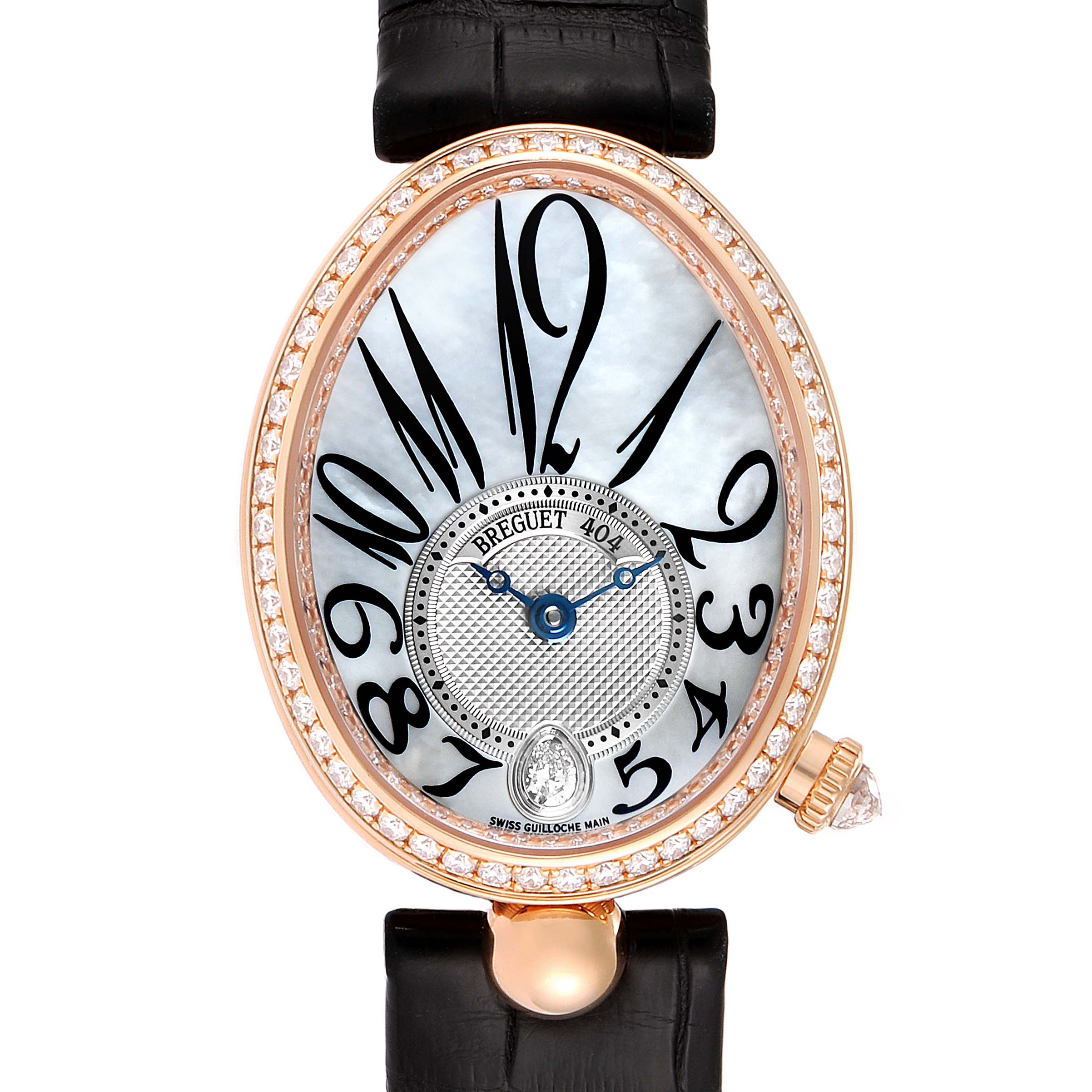 The image shows a front view of the Breguet Reine de Naples 8918BR/58/964/D00D Women's Rose Gold Mother of Pearl Dial 8918BR/58/964/D00D Women's Rose Gold Mother of Pearl Dial watch with a leather strap, featuring a diamond-set bezel and ornate dial.