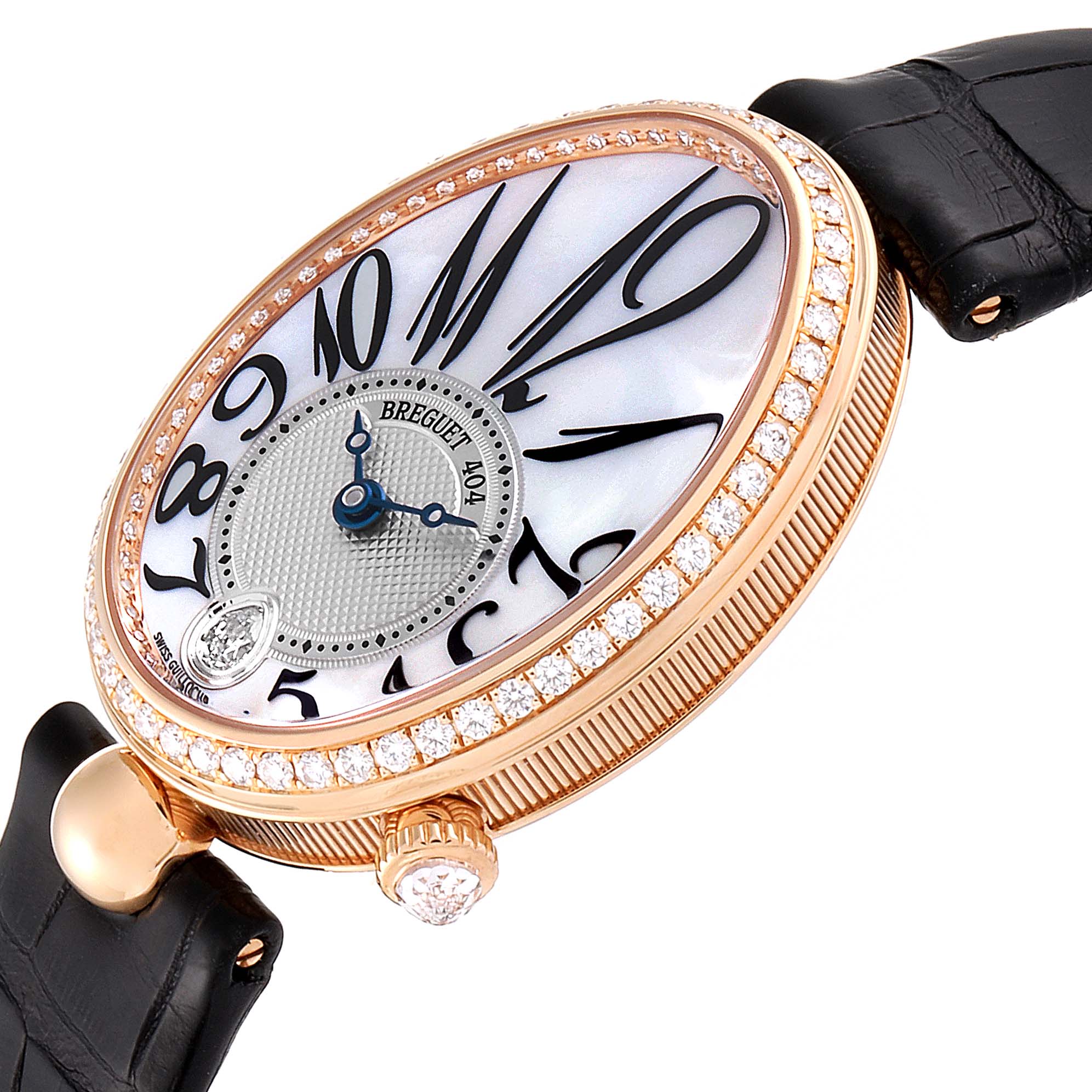 The image shows a side angle of the Breguet Reine de Naples 8918BR/58/964/D00D Women's Rose Gold Mother of Pearl Dial 8918BR/58/964/D00D Women's Rose Gold Mother of Pearl Dial watch, highlighting its diamond-studded bezel, crown, and black leather strap.