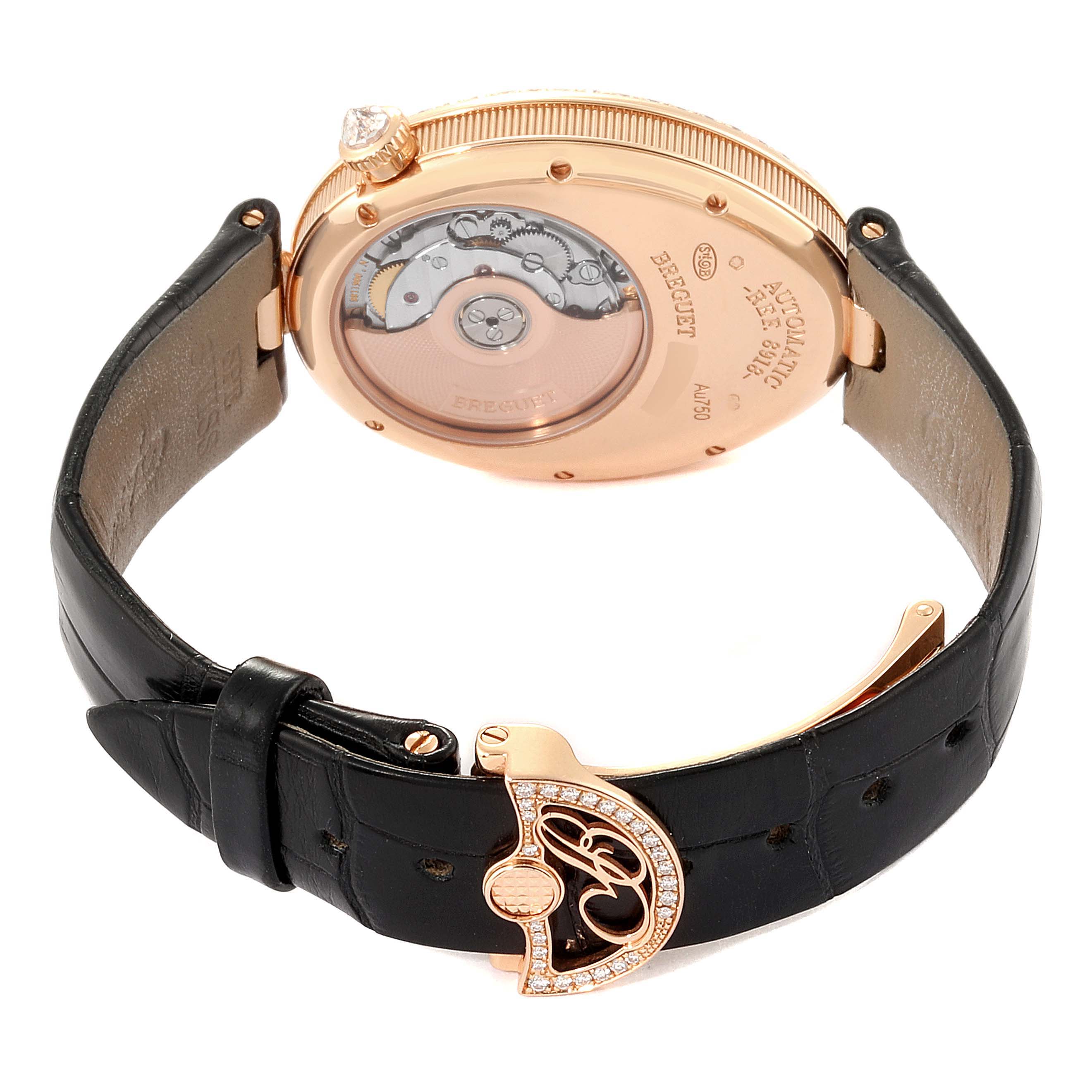The image shows the back view of a Breguet Reine de Naples 8918BR/58/964/D00D Women's Rose Gold Mother of Pearl Dial 8918BR/58/964/D00D Women's Rose Gold Mother of Pearl Dial watch, highlighting its automatic movement and black leather strap.