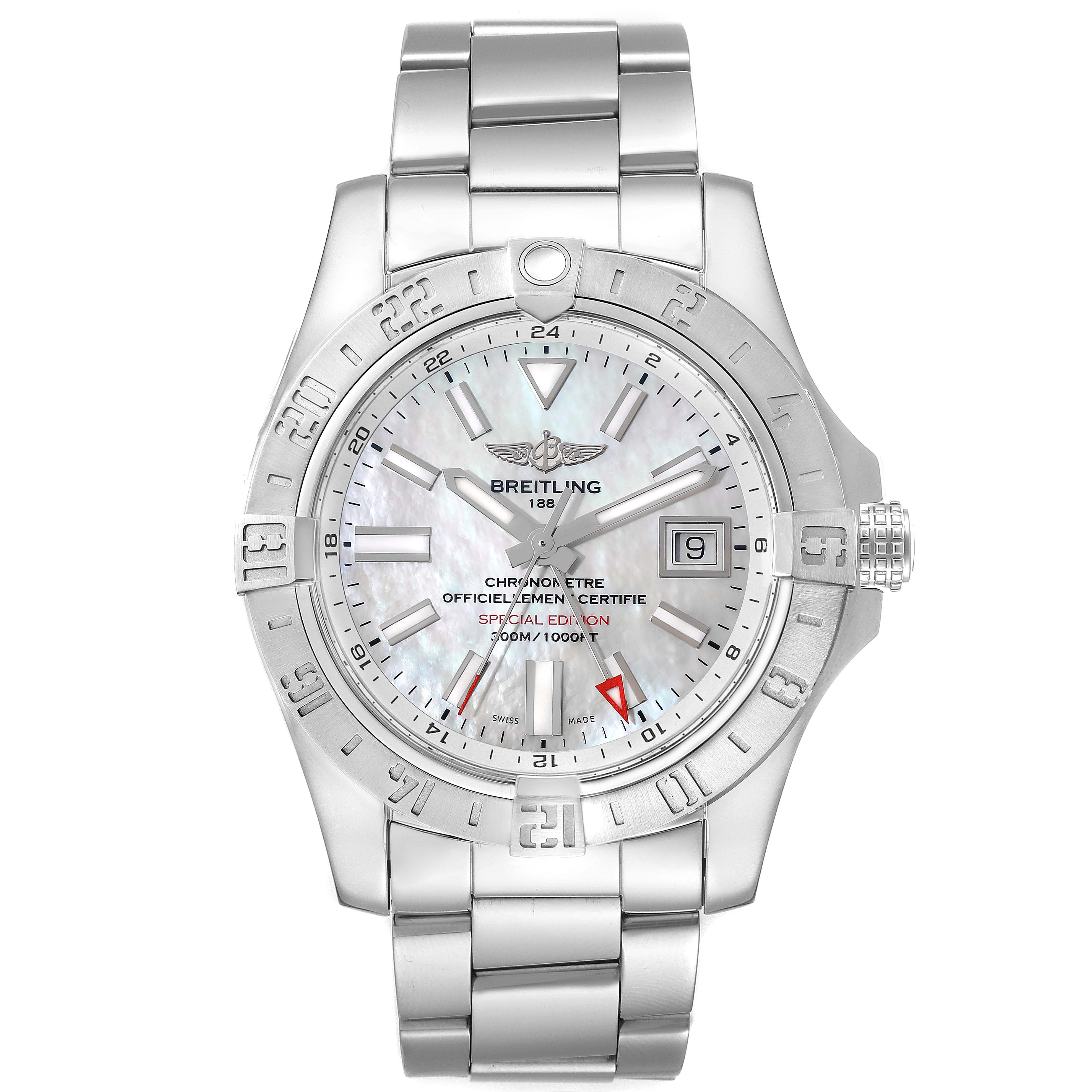 This image shows a front view of the Breitling Avenger A32390 Men's Stainless Steel Mother of Pearl Dial A32390 Men's Stainless Steel Mother of Pearl Dial watch, highlighting its dial, bezel, and metal bracelet.