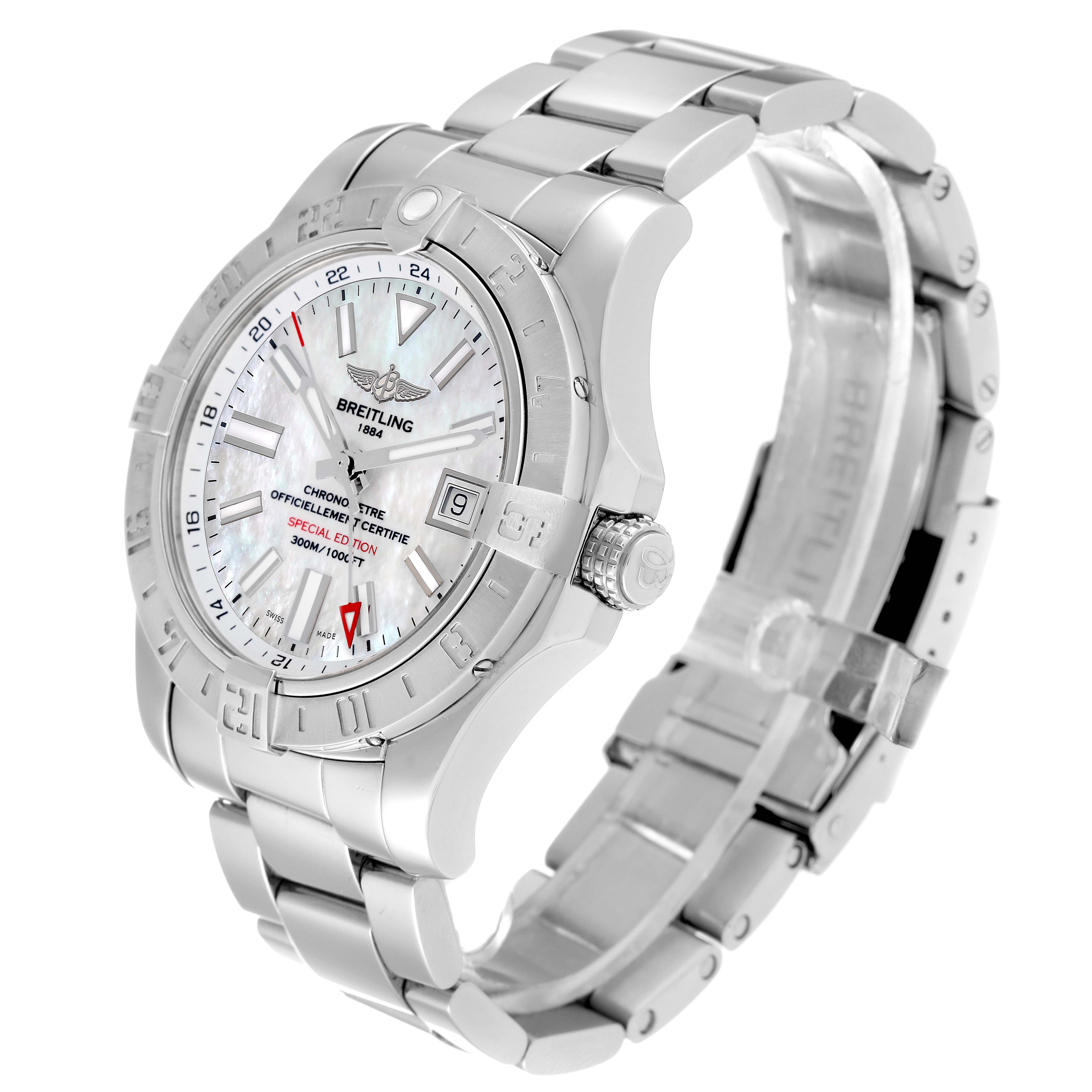 This is a side-angle view of the Breitling Avenger A32390 Men's Stainless Steel Mother of Pearl Dial A32390 Men's Stainless Steel Mother of Pearl Dial watch, showcasing its dial, bezel, crown, and bracelet.
