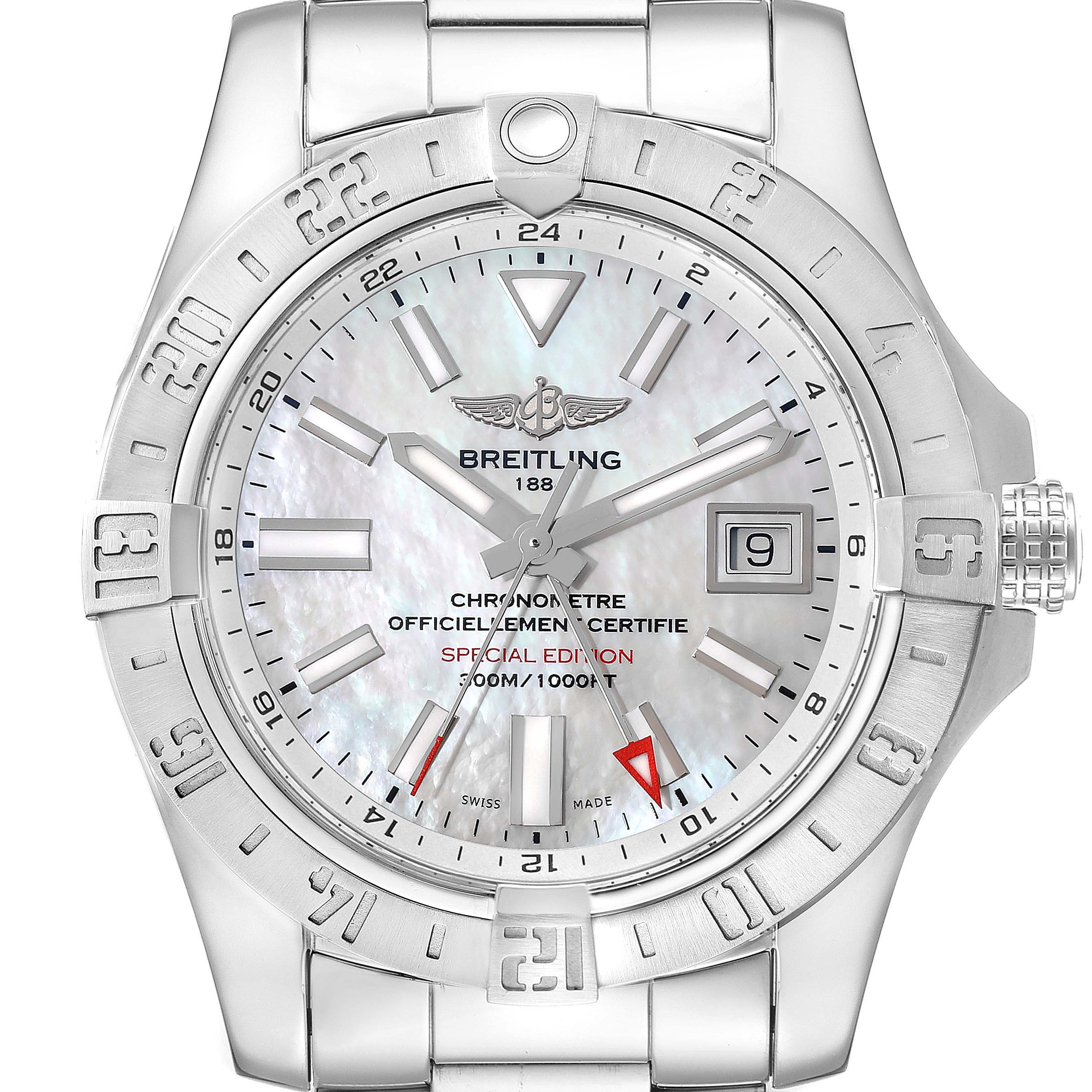 The image shows a front view of the Breitling Avenger A32390 Men's Stainless Steel Mother of Pearl Dial A32390 Men's Stainless Steel Mother of Pearl Dial watch, highlighting its dial, bezel, hands, and date window.