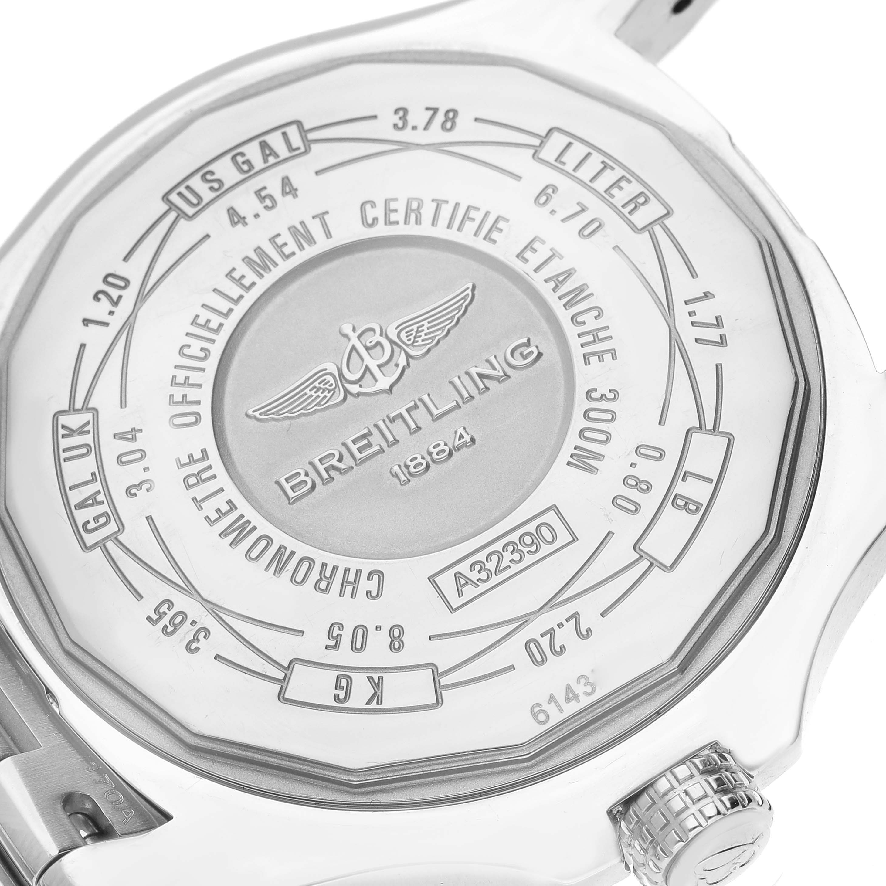 The image shows the backside of a Breitling Avenger A32390 Men's Stainless Steel Mother of Pearl Dial A32390 Men's Stainless Steel Mother of Pearl Dial watch, displaying various specifications and an engraved logo.