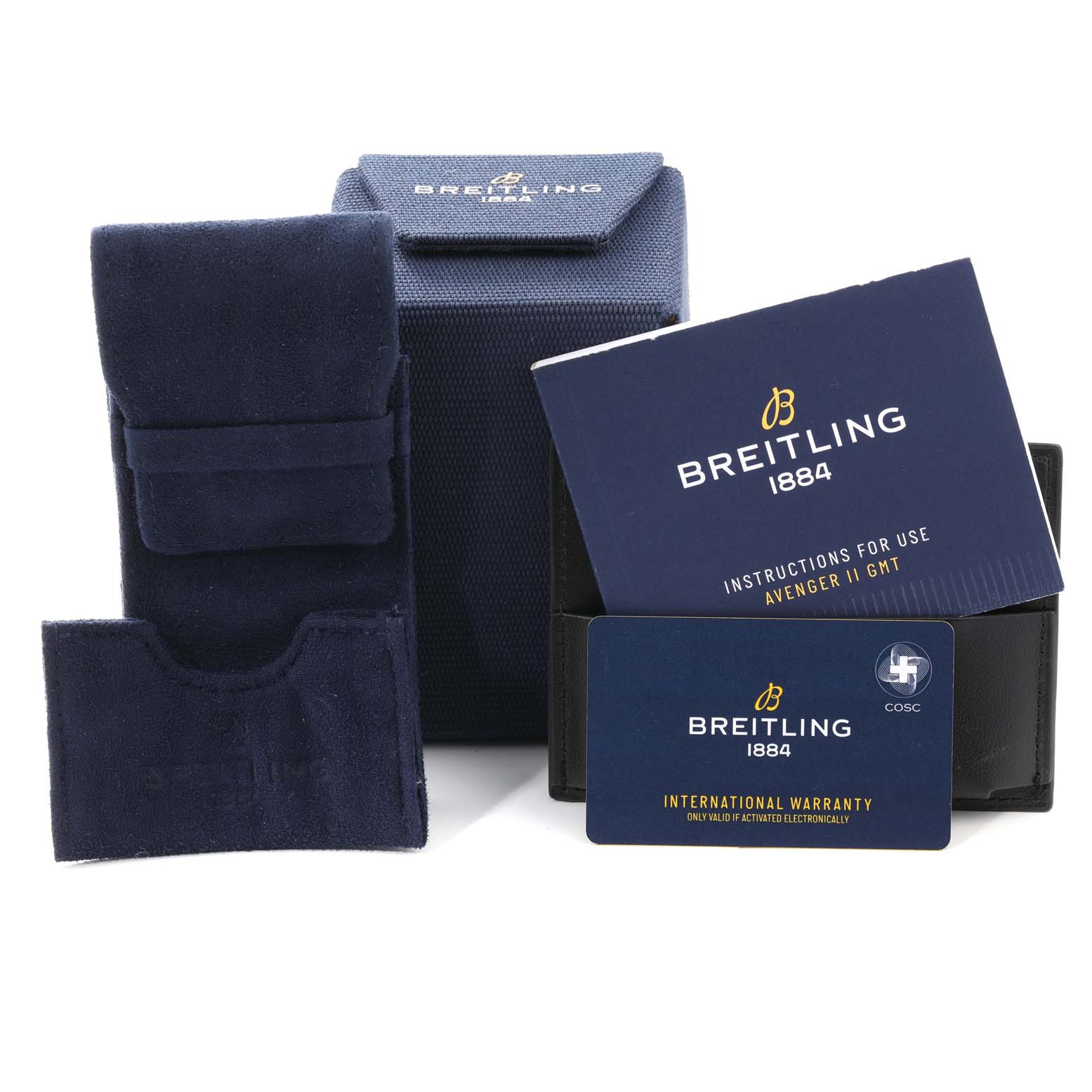 The image shows packaging, a travel pouch, and documentation for the Breitling Avenger A32390 Men's Stainless Steel Mother of Pearl Dial A32390 Men's Stainless Steel Mother of Pearl Dial II GMT watch.