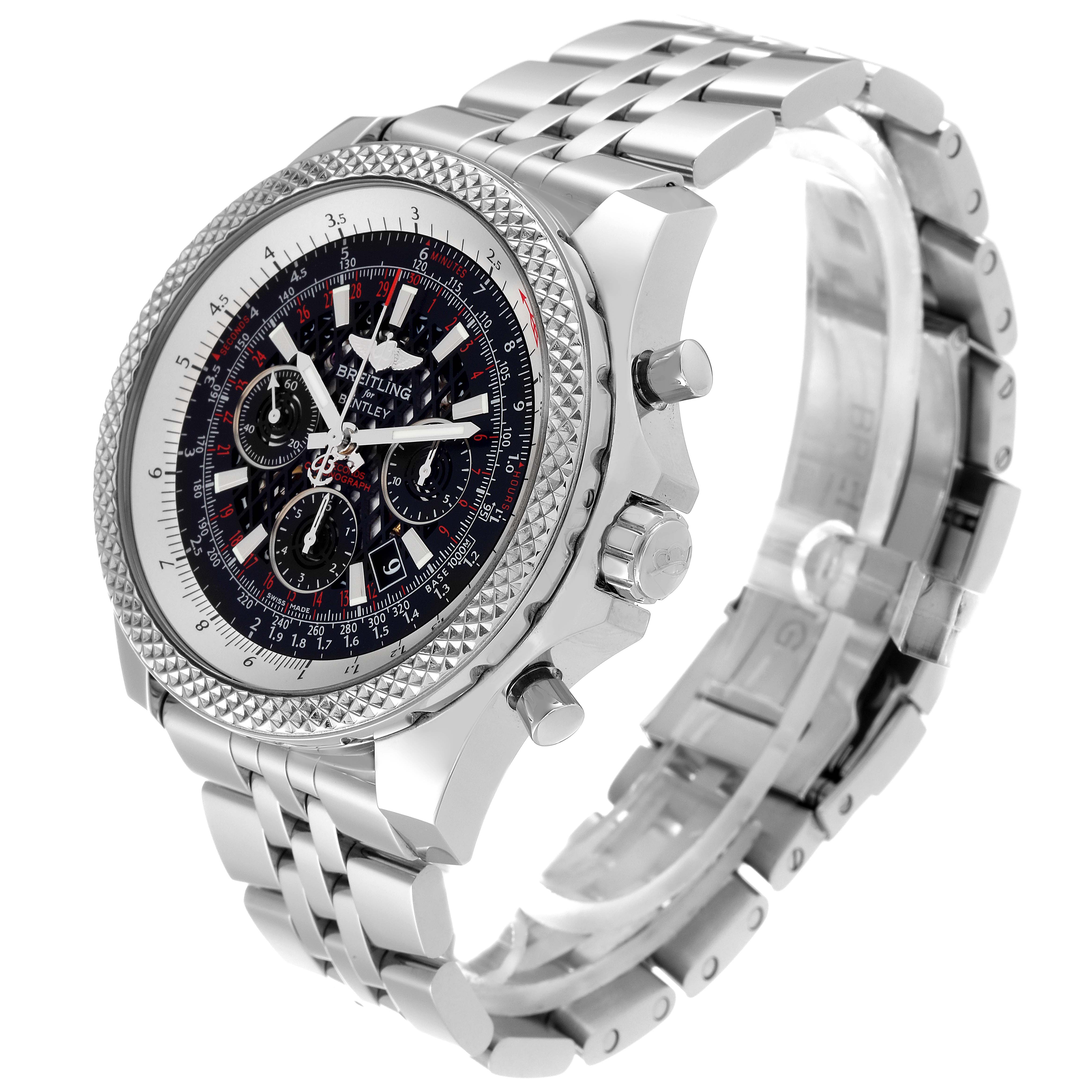 The image shows a Breitling Bentley AB061112.BD80.990A Men's Stainless Steel Black Dial AB061112.BD80.990A Men's Stainless Steel Black Dial watch at an oblique angle, capturing the face, bezel, crown, and bracelet.