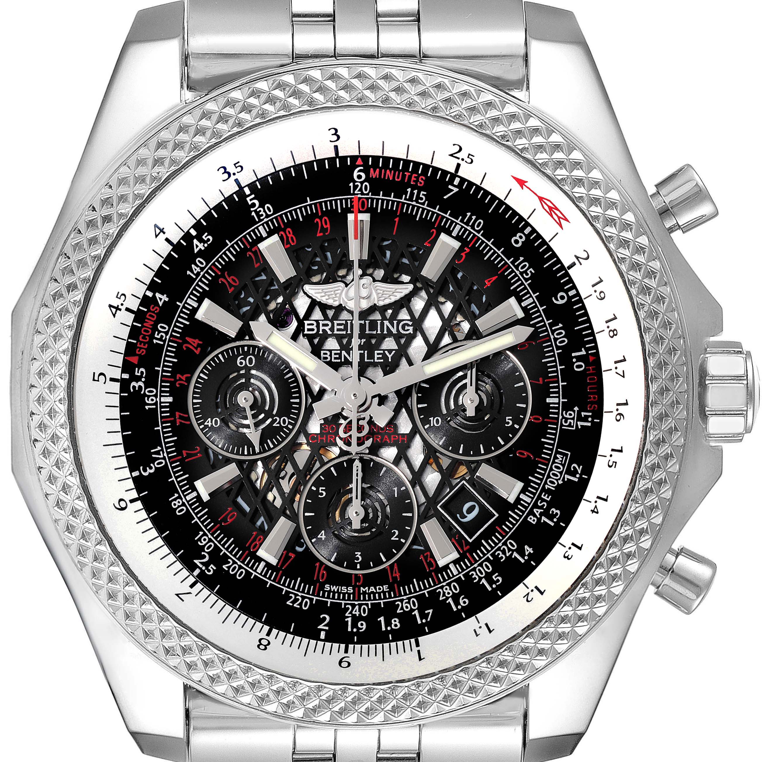 The image shows a top-down view of a Breitling Bentley AB061112.BD80.990A Men's Stainless Steel Black Dial AB061112.BD80.990A Men's Stainless Steel Black Dial watch, featuring its intricate dial, chronographs, and metallic band.