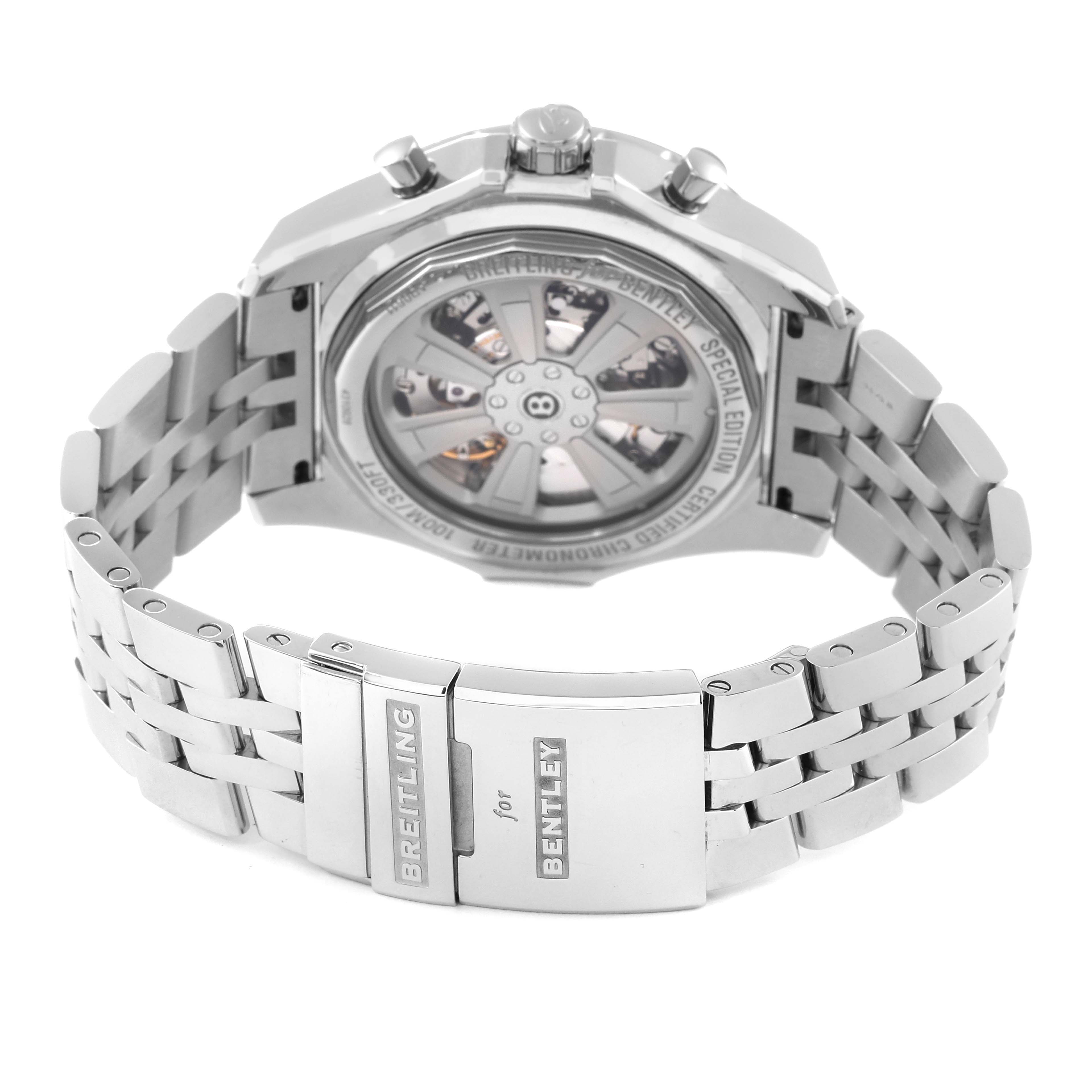 The image shows the back view of the Breitling Bentley AB061112.BD80.990A Men's Stainless Steel Black Dial AB061112.BD80.990A Men's Stainless Steel Black Dial watch, highlighting its clasp and movement.