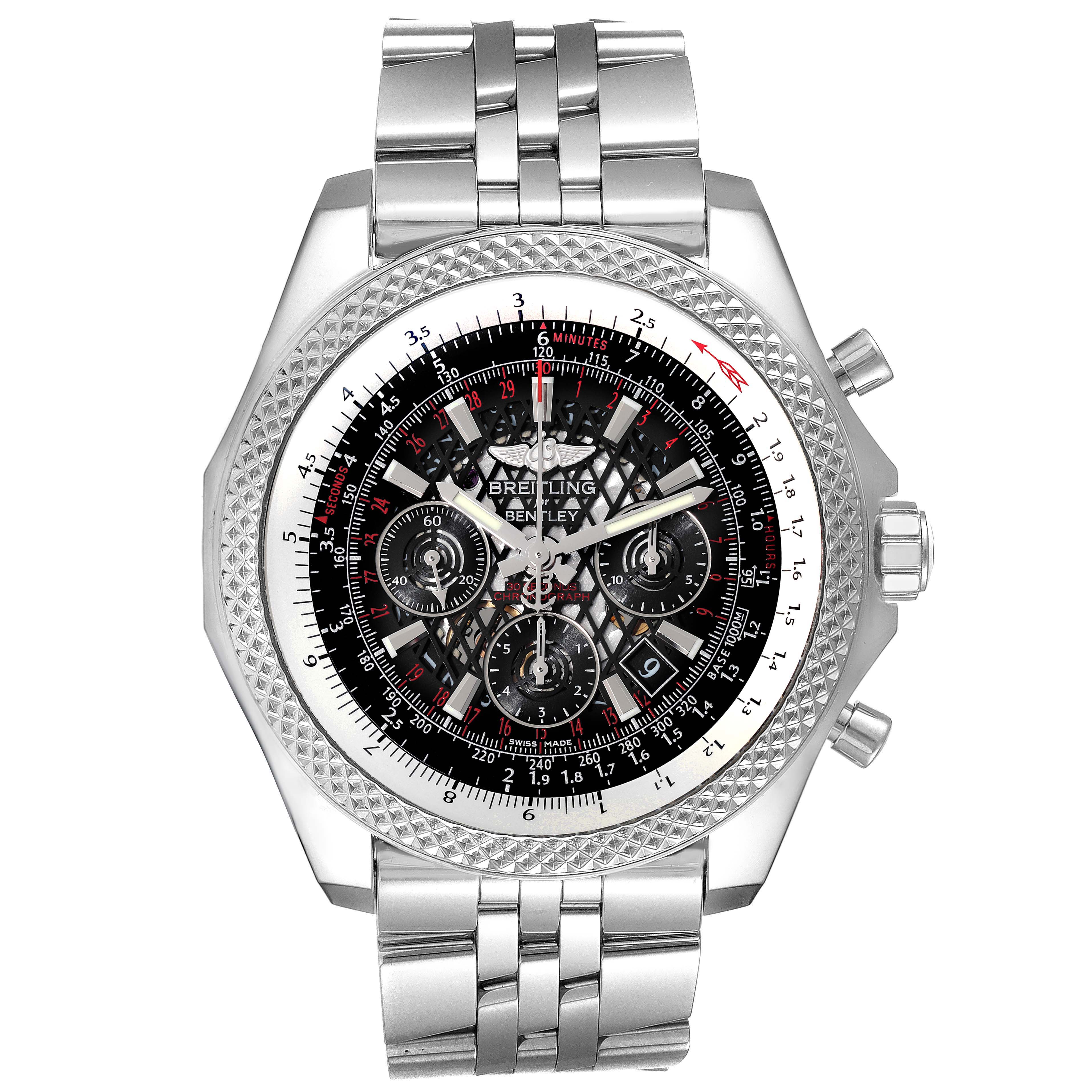 This image shows a front view of a Breitling Bentley AB061112.BD80.990A Men's Stainless Steel Black Dial AB061112.BD80.990A Men's Stainless Steel Black Dial watch, featuring its detailed dial, chronograph sub-dials, and metal bracelet.