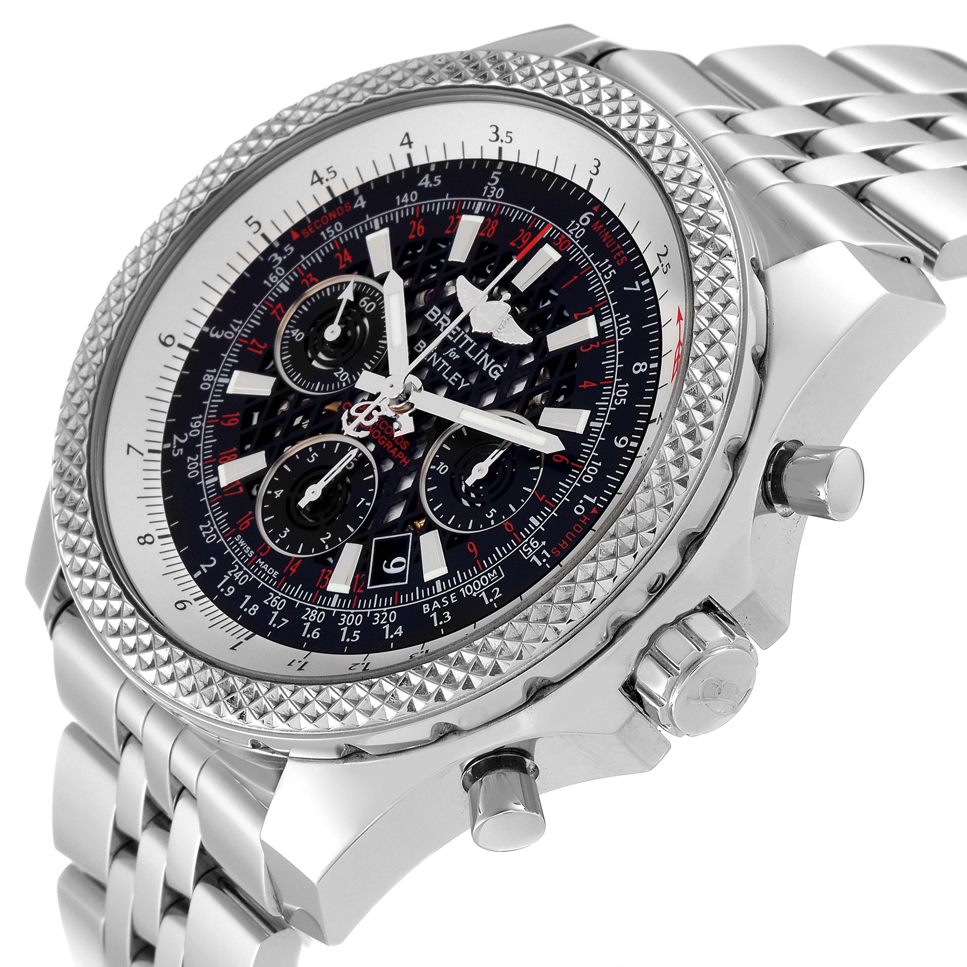 This image shows a Breitling Bentley AB061112.BD80.990A Men's Stainless Steel Black Dial AB061112.BD80.990A Men's Stainless Steel Black Dial watch at a three-quarter angle, highlighting the bezel, dial, chronograph subdials, and bracelet.