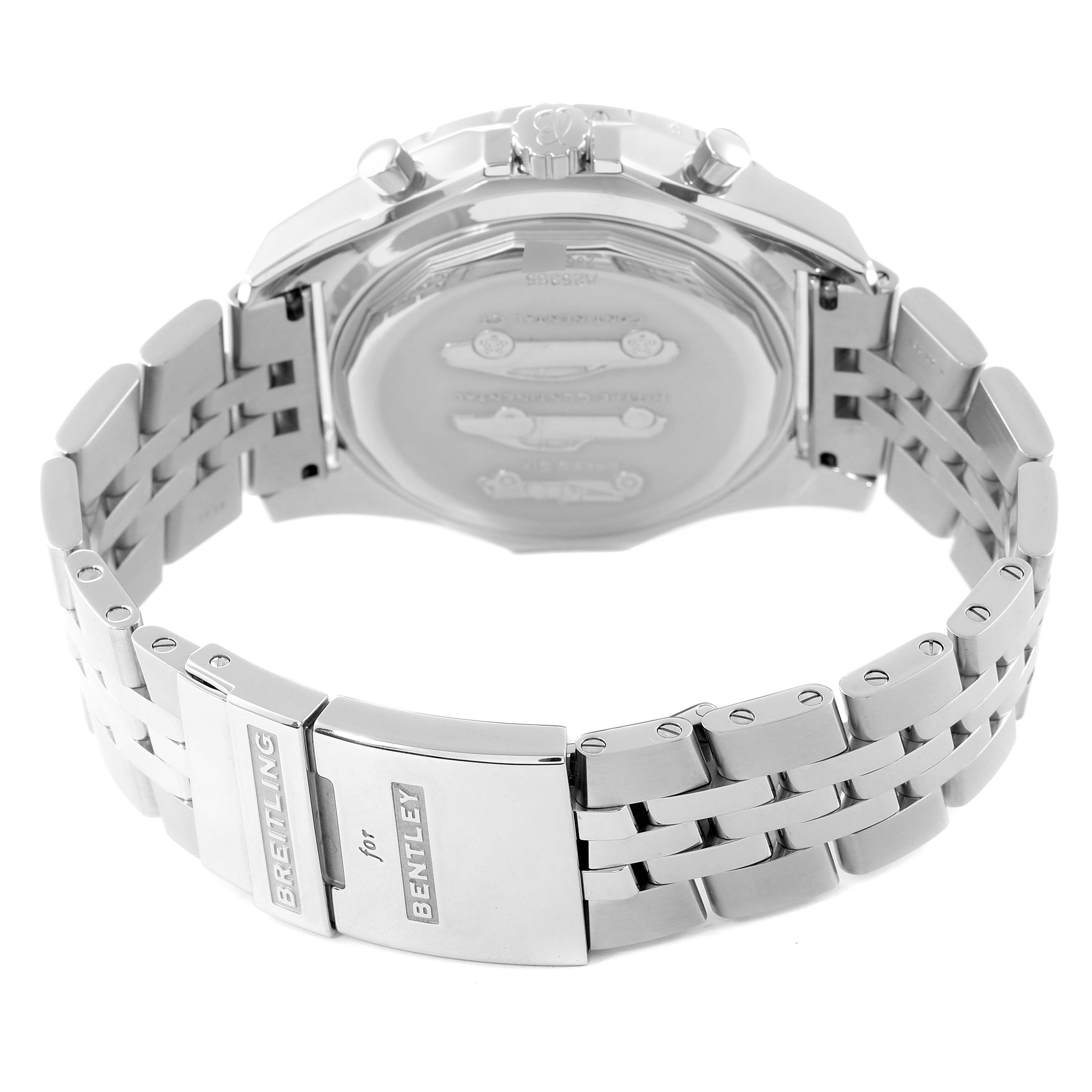The image shows the back case and bracelet of a Breitling Bentley A25365 Men's Stainless Steel Black Dial A25365 Men's Stainless Steel Black Dial model watch, focusing on the clasp and band.