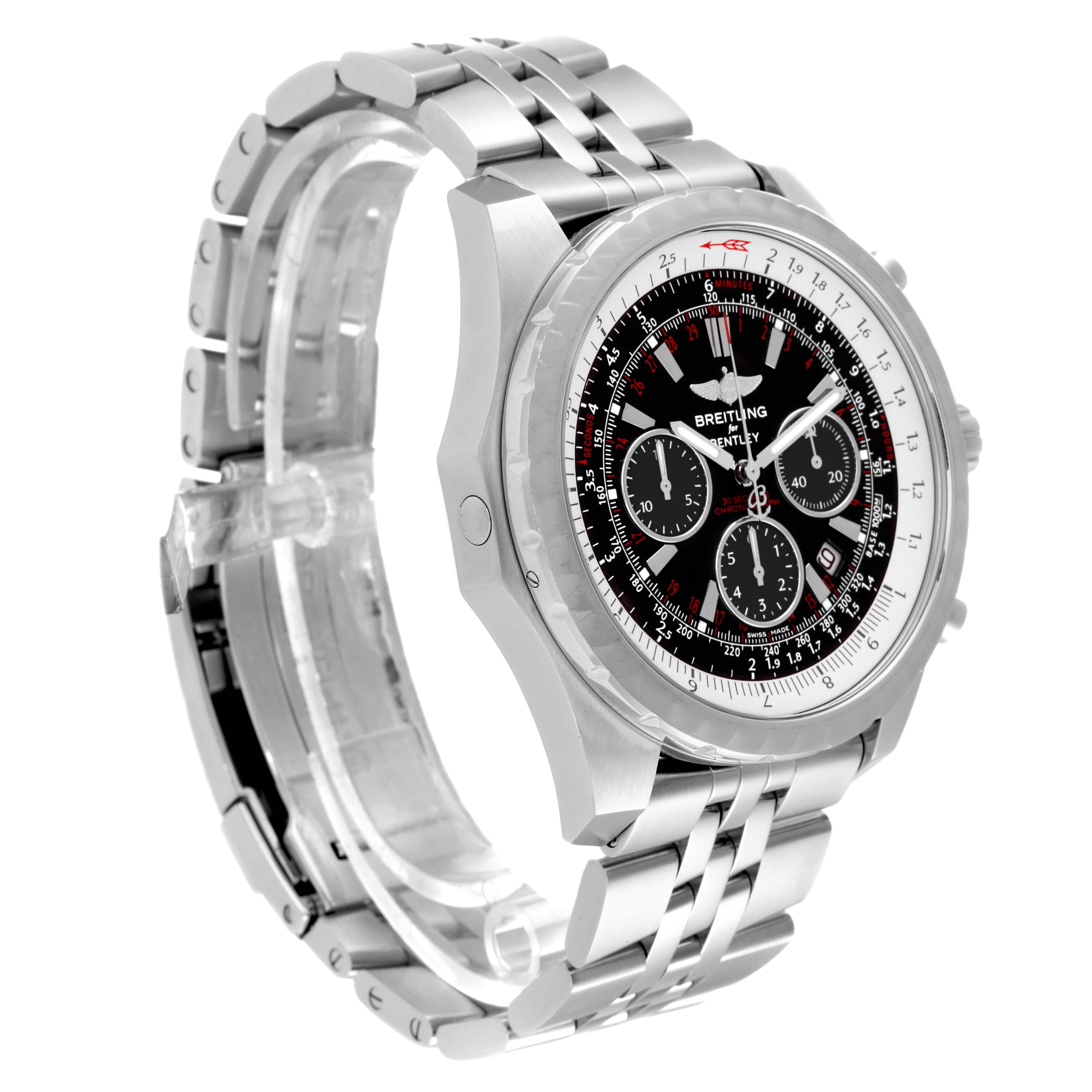 The Breitling Bentley A25365 Men's Stainless Steel Black Dial A25365 Men's Stainless Steel Black Dial watch is shown at a three-quarter angle, displaying the face and strap.