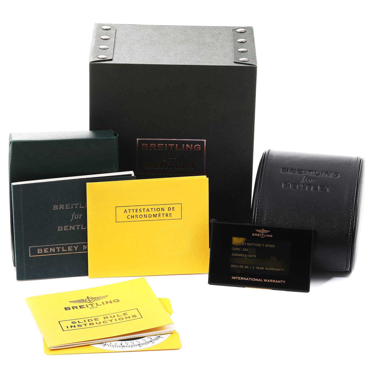 The image shows the packaging and documentation for a Breitling Bentley A25365 Men's Stainless Steel Black Dial A25365 Men's Stainless Steel Black Dial watch, including boxes, manuals, and a warranty card.