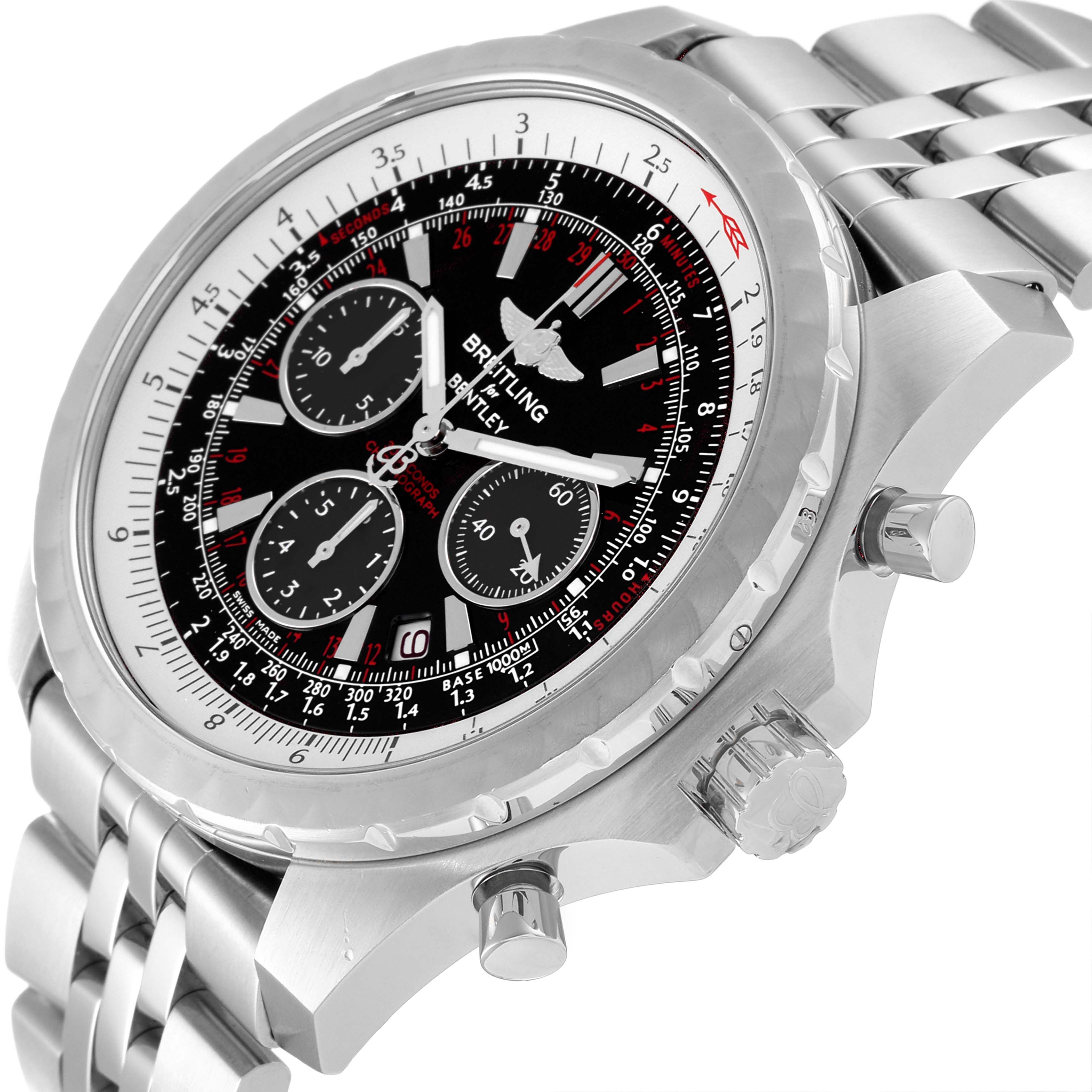 The Breitling Bentley A25365 Men's Stainless Steel Black Dial A25365 Men's Stainless Steel Black Dial watch is shown at an angle displaying its dial, bezel, crown, and pushers, along with a portion of the metal bracelet.