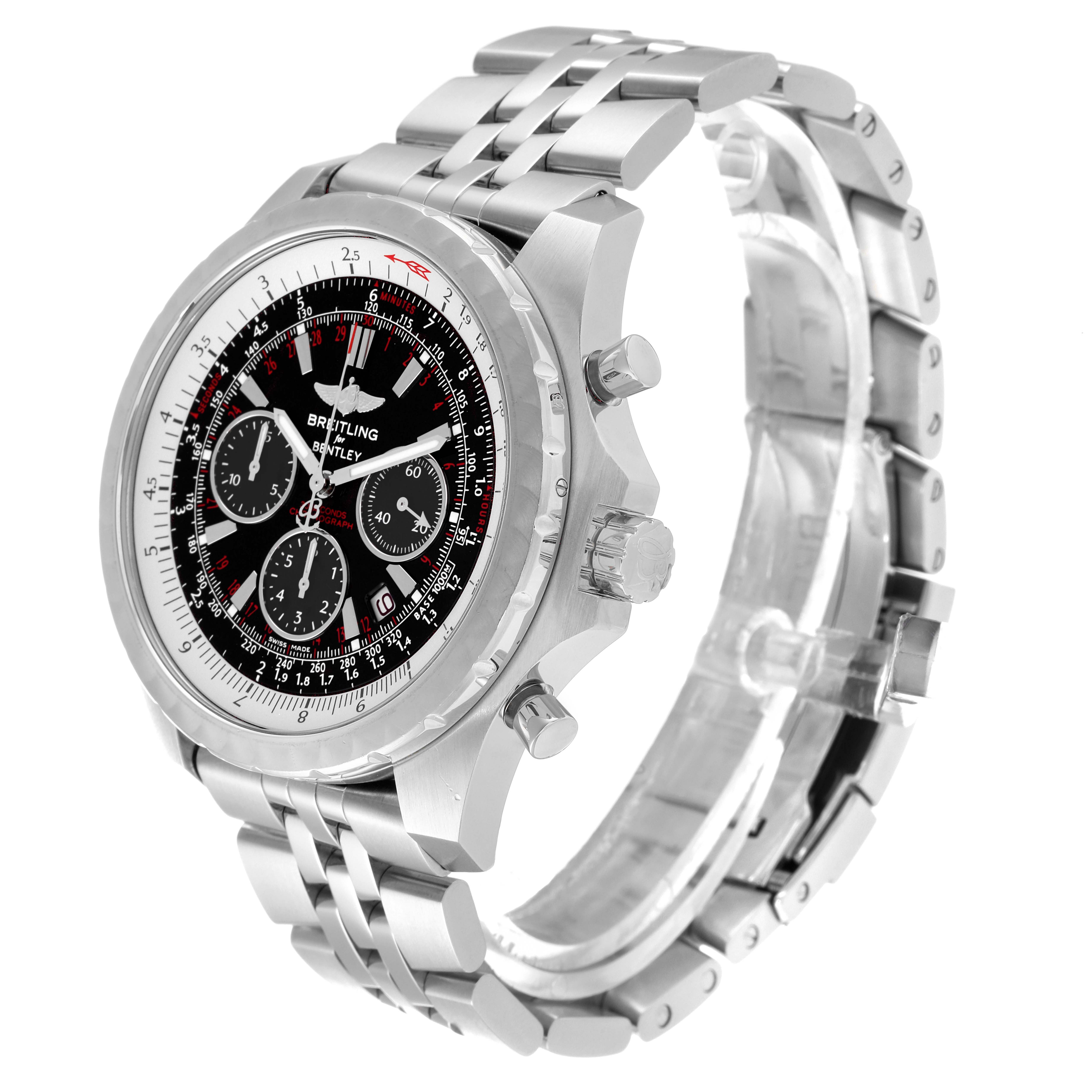 The Breitling Bentley A25365 Men's Stainless Steel Black Dial A25365 Men's Stainless Steel Black Dial watch is shown at a three-quarter angle, displaying the face, side buttons, and metal strap.