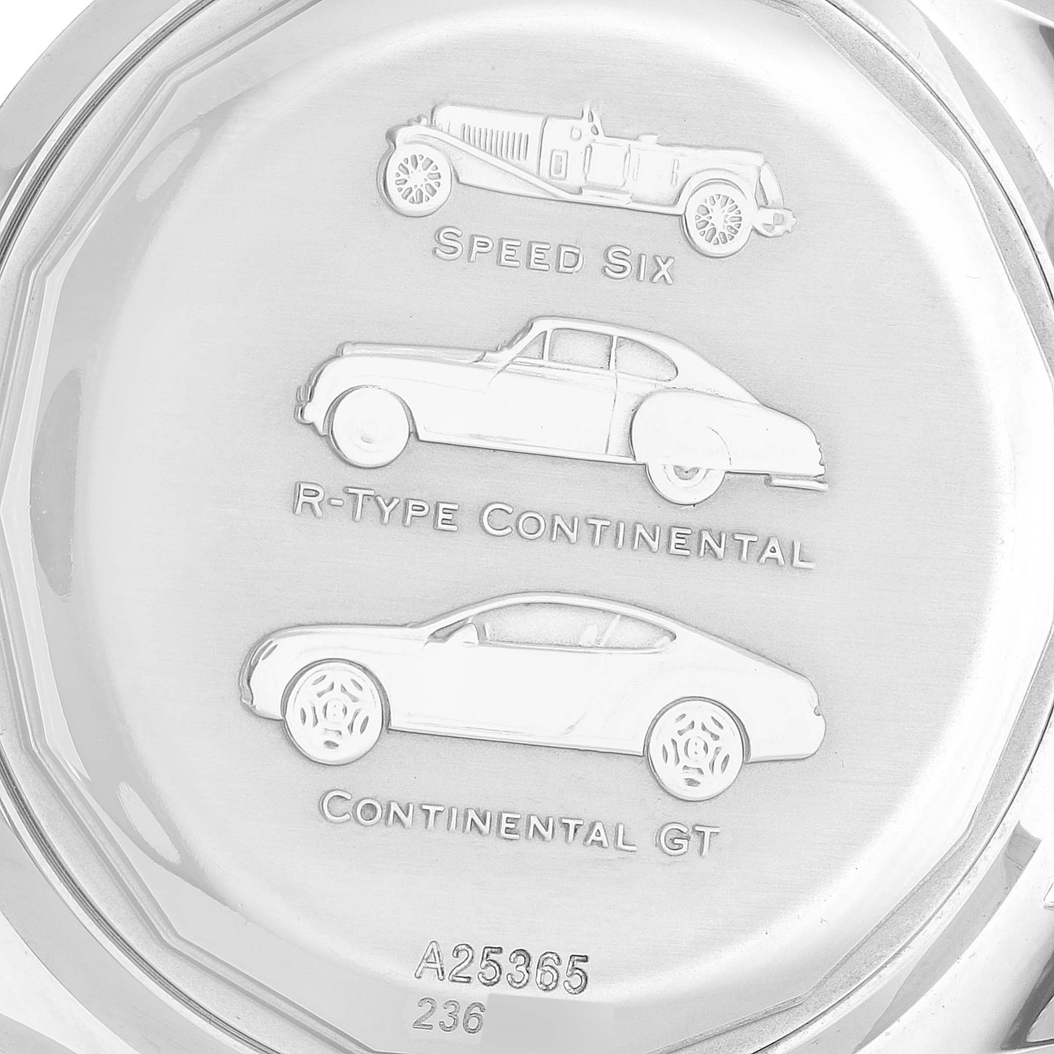 The image shows the engraved case back of a Bentley model by Breitling, depicting three car models and serial numbers.