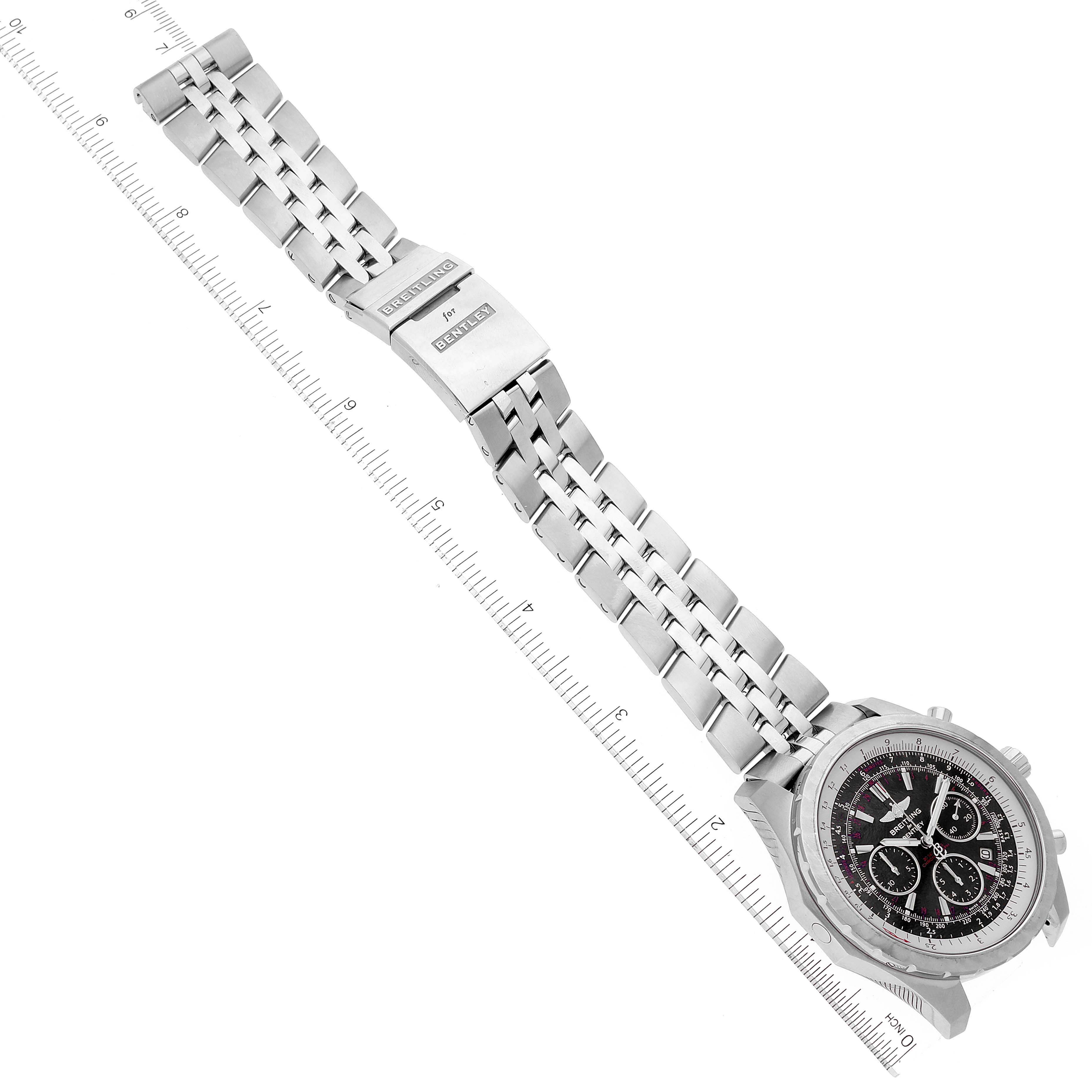 The image shows a side view of a Breitling Bentley A25365 Men's Stainless Steel Black Dial A25365 Men's Stainless Steel Black Dial watch, displaying the face, band, and clasp alongside a measuring ruler.