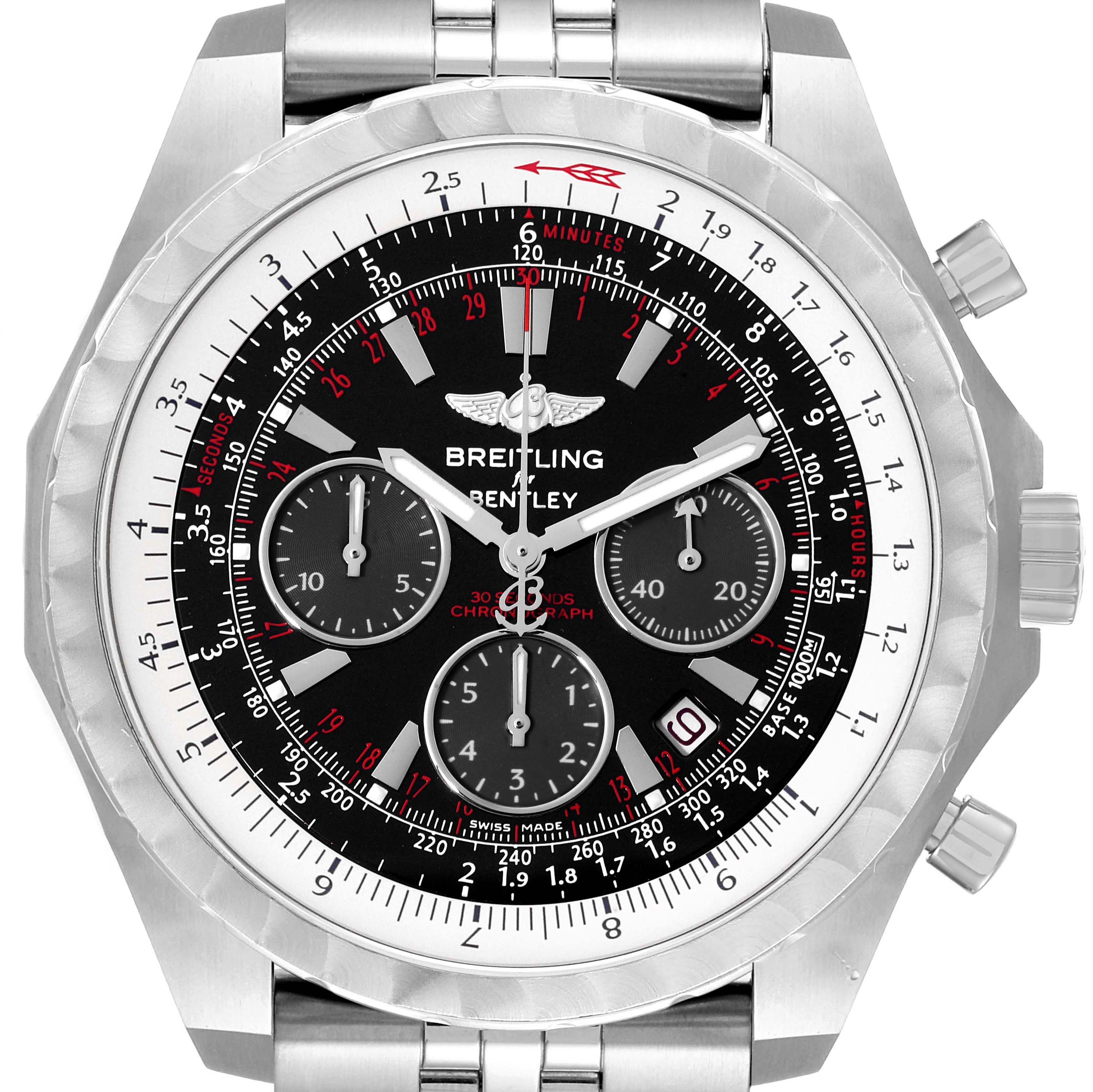 This image shows a front view of the Breitling Bentley A25365 Men's Stainless Steel Black Dial A25365 Men's Stainless Steel Black Dial watch, highlighting its face, bezel, and metal bracelet.
