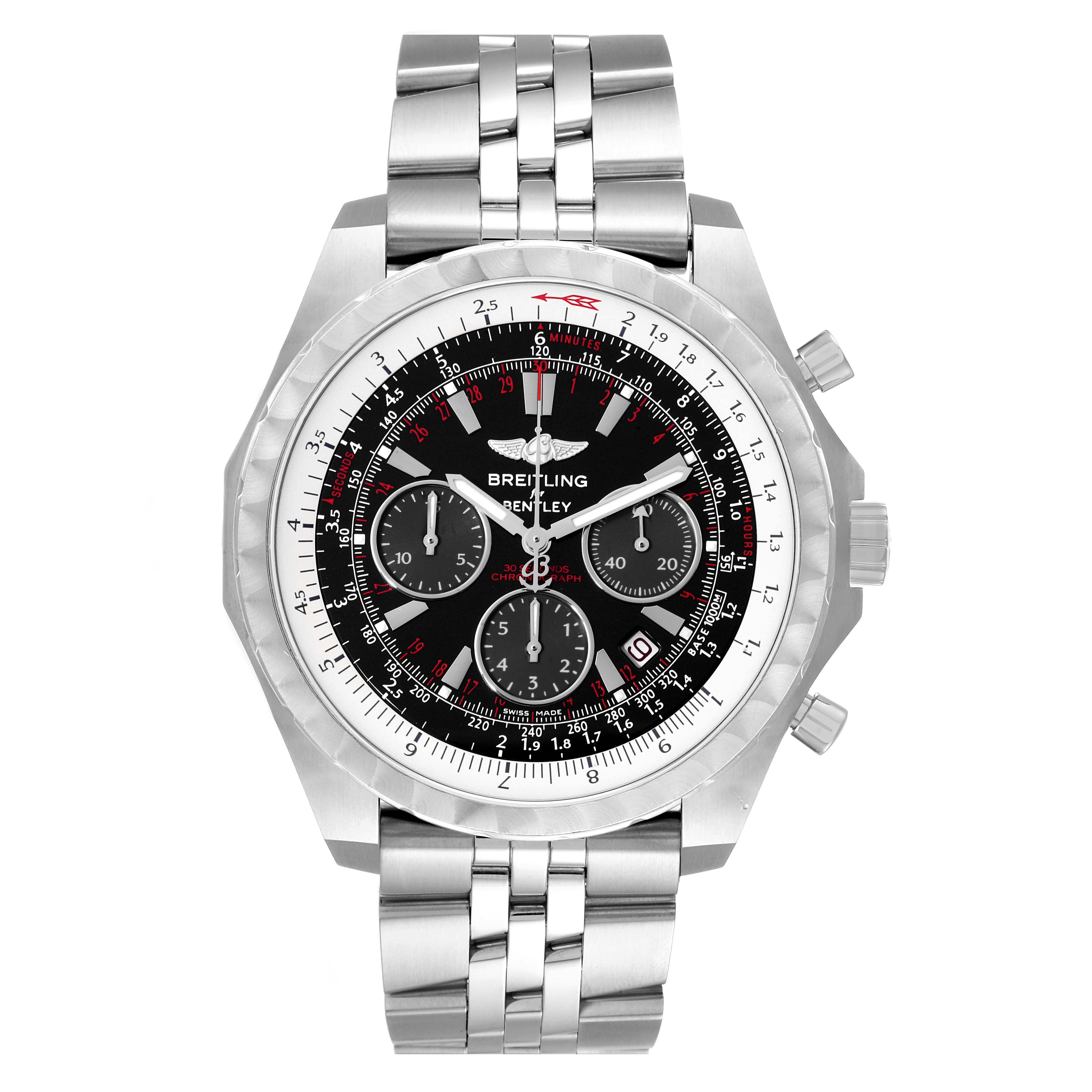 The Breitling Bentley A25365 Men's Stainless Steel Black Dial A25365 Men's Stainless Steel Black Dial watch is shown from a front angle, highlighting the dial, bezel, and metal bracelet.