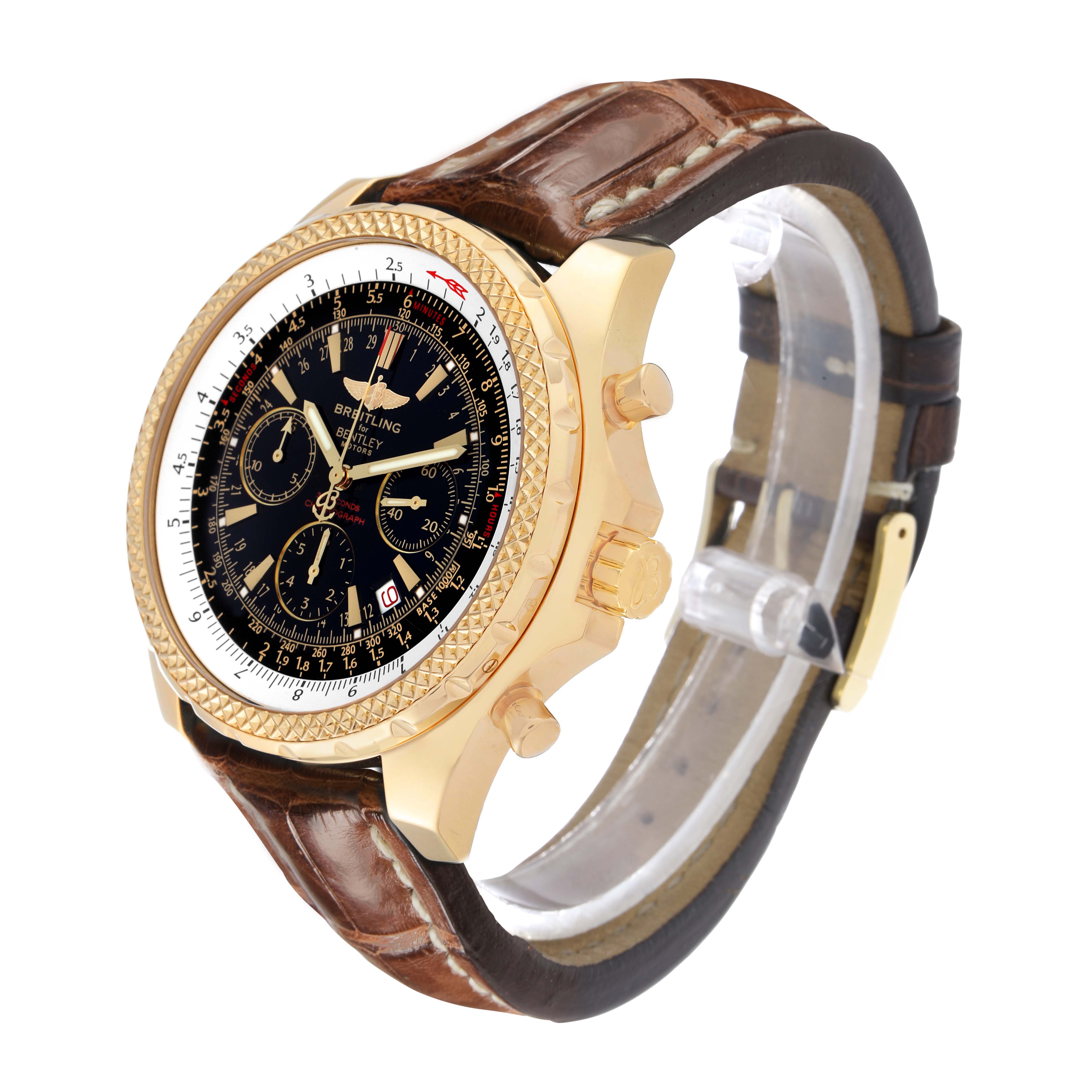 The Breitling Bentley K25362 Men
s Yellow Gold Black Dial watch is shown at a three-quarter angle, displaying the face, bezel, crown, and leather strap.