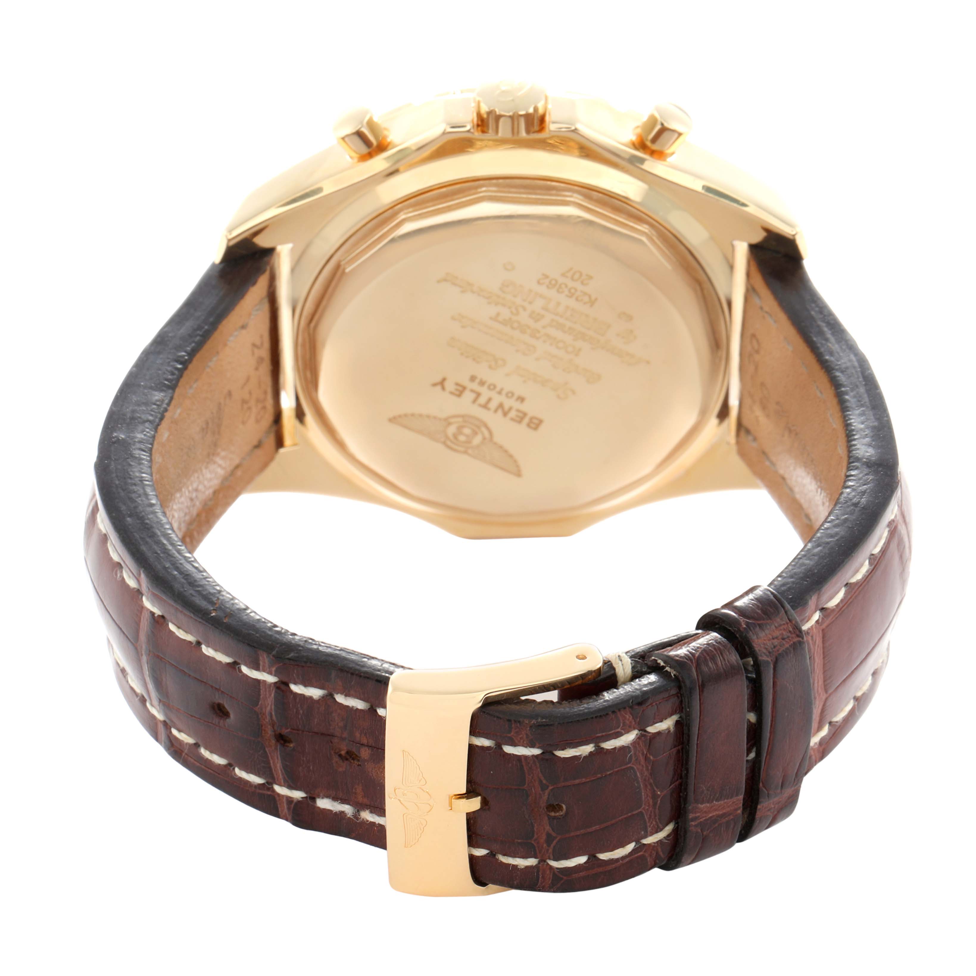 The image shows the back of the Bentley model by Breitling, highlighting the case back, leather strap, and clasp.