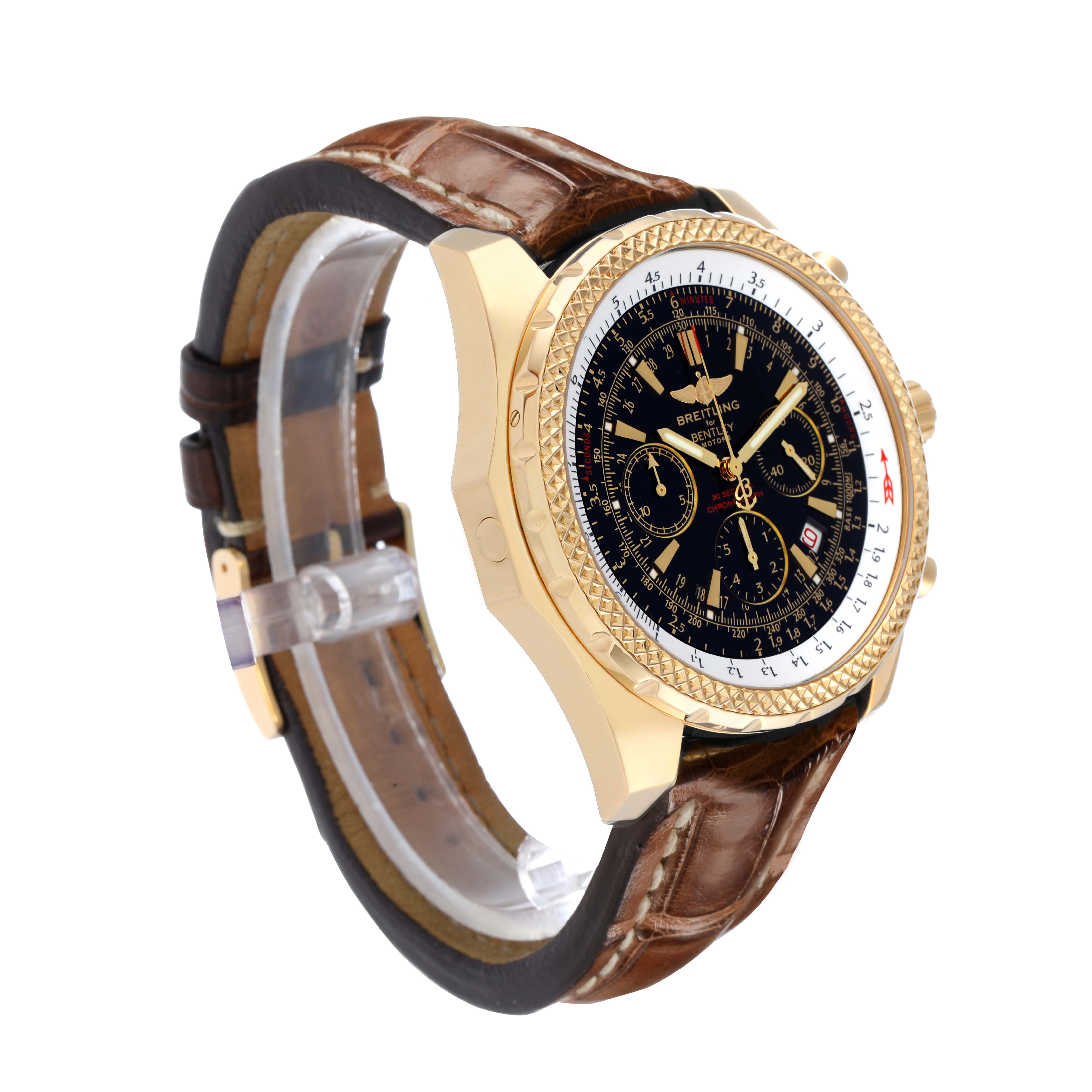 The Breitling Bentley K25362 Men
s Yellow Gold Black Dial watch is shown at a three-quarter angle, highlighting its gold case, textured bezel, and brown leather strap.