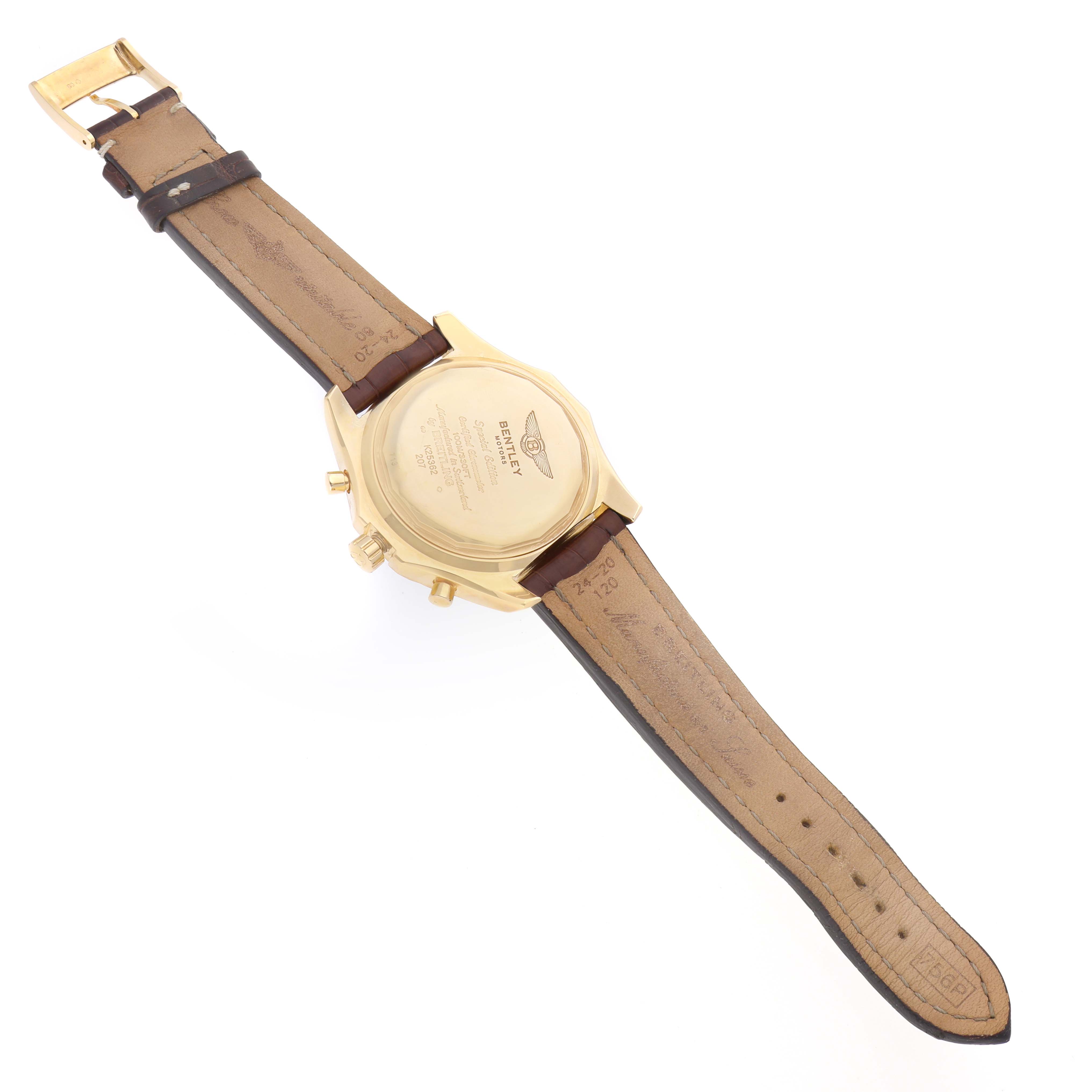 The Breitling Bentley K25362 Men
s Yellow Gold Black Dial watch is shown from the back, displaying the case back, straps, and buckle.