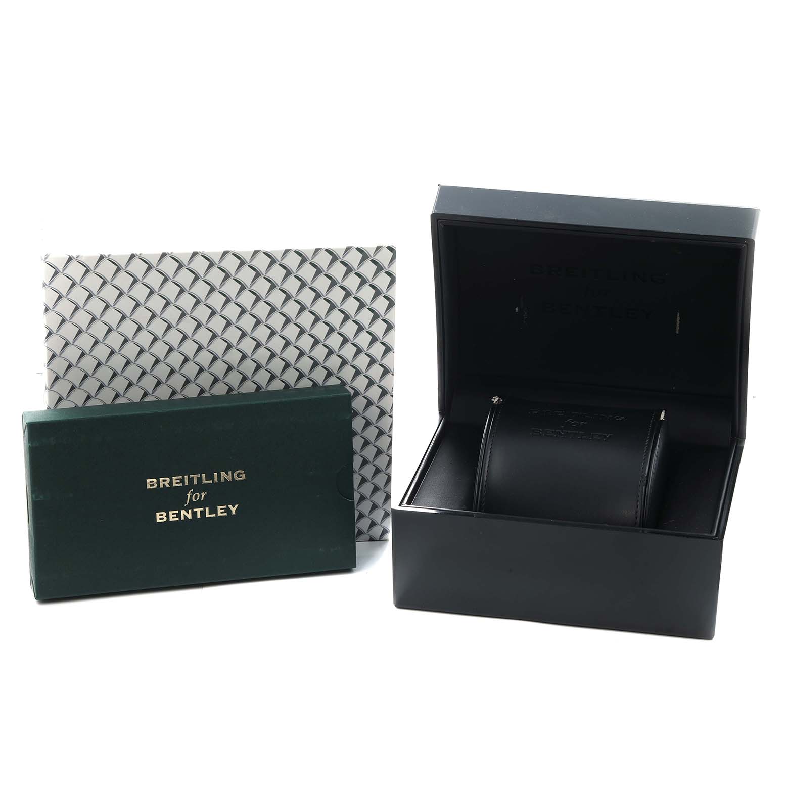 The image shows a Breitling for Bentley watch box set, including a green outer box, black inner box, and a patterned cover.