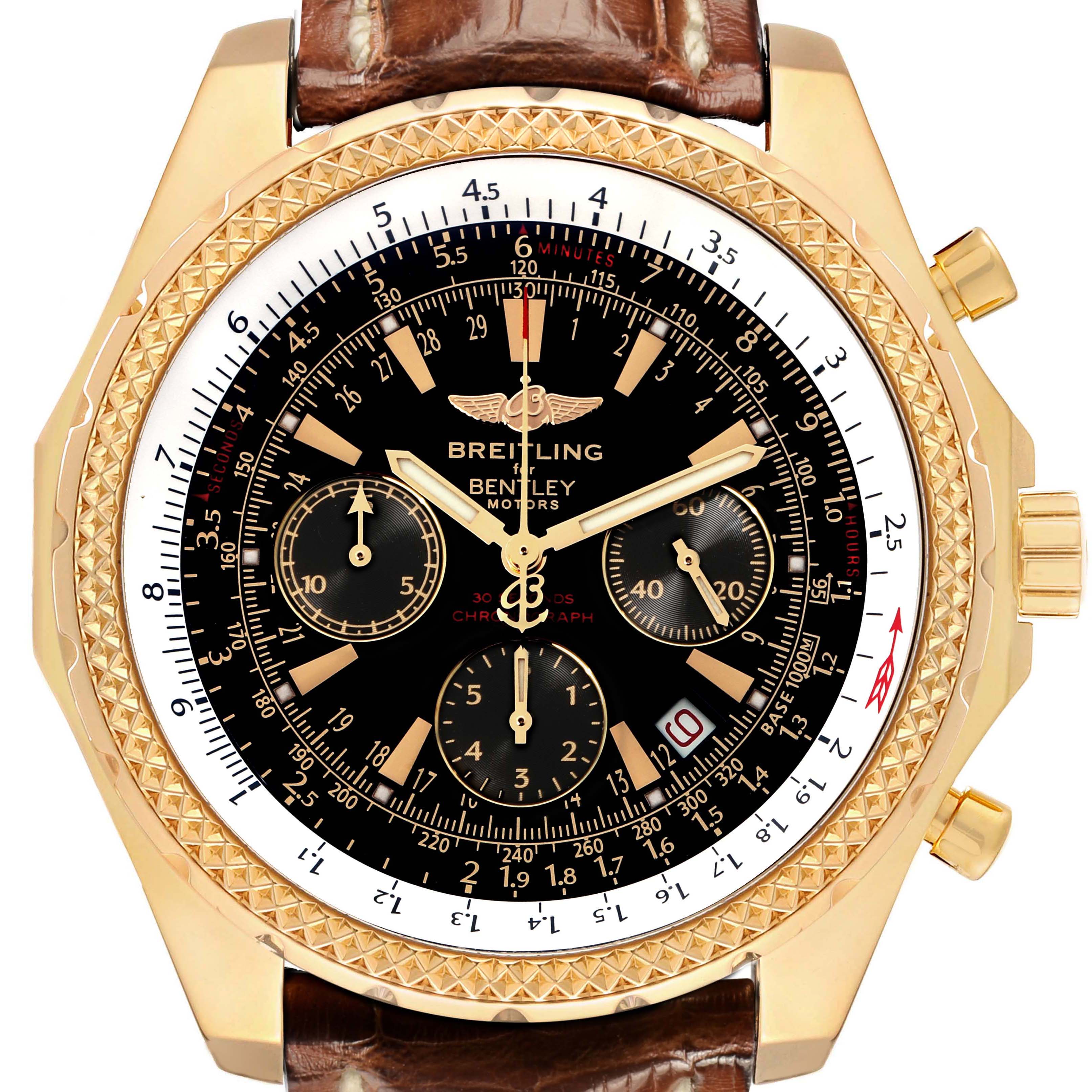The Breitling Bentley K25362 Men
s Yellow Gold Black Dial watch is shown from a top-down angle, highlighting its gold case, brown leather strap, and black dial with subdials.