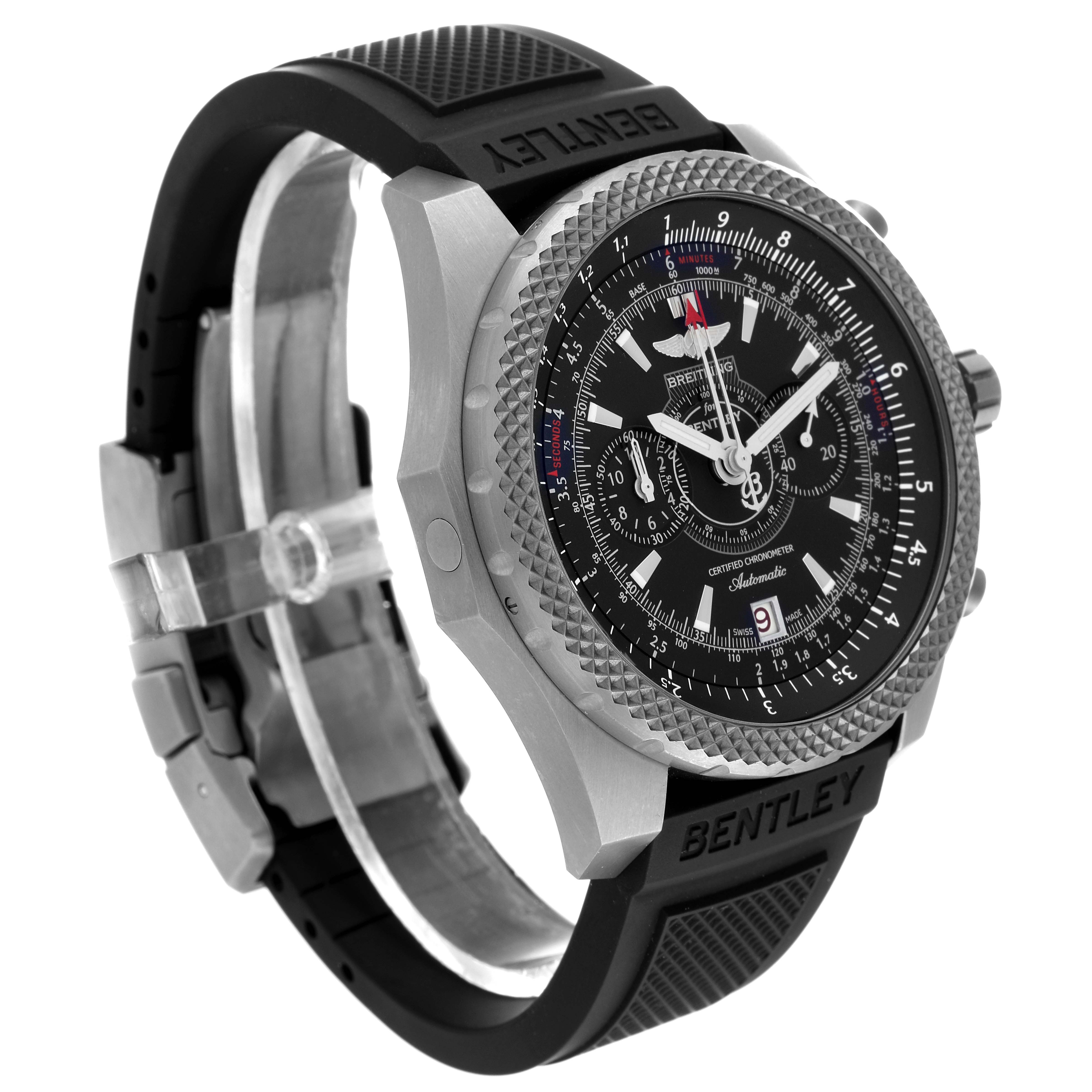 The image shows a side angle of the Bentley model by Breitling, highlighting the watch face, bezel, and rubber strap.