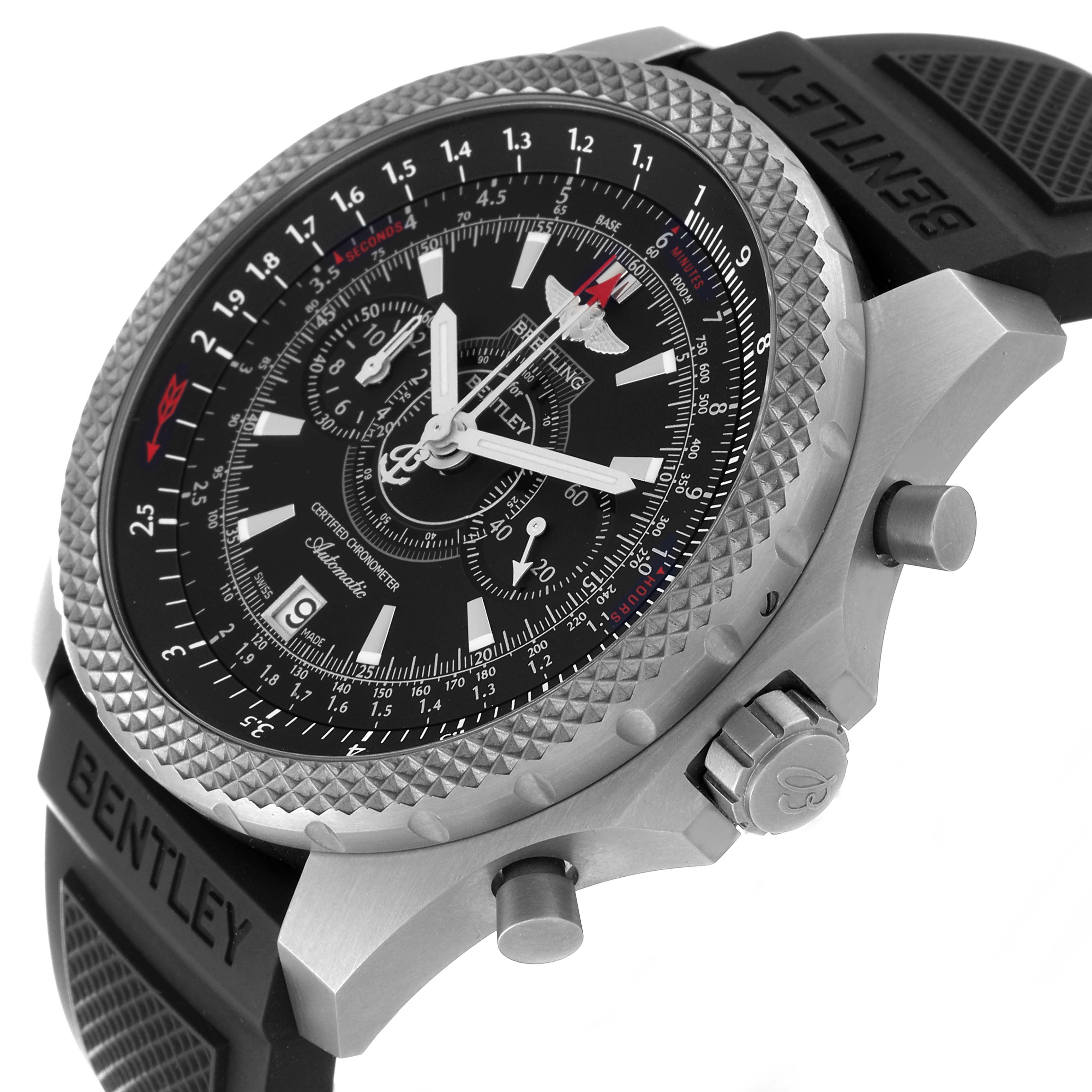 The image shows a close-up side angle of the Bentley model watch by Breitling, highlighting the bezel, dial, pushers, and crown.