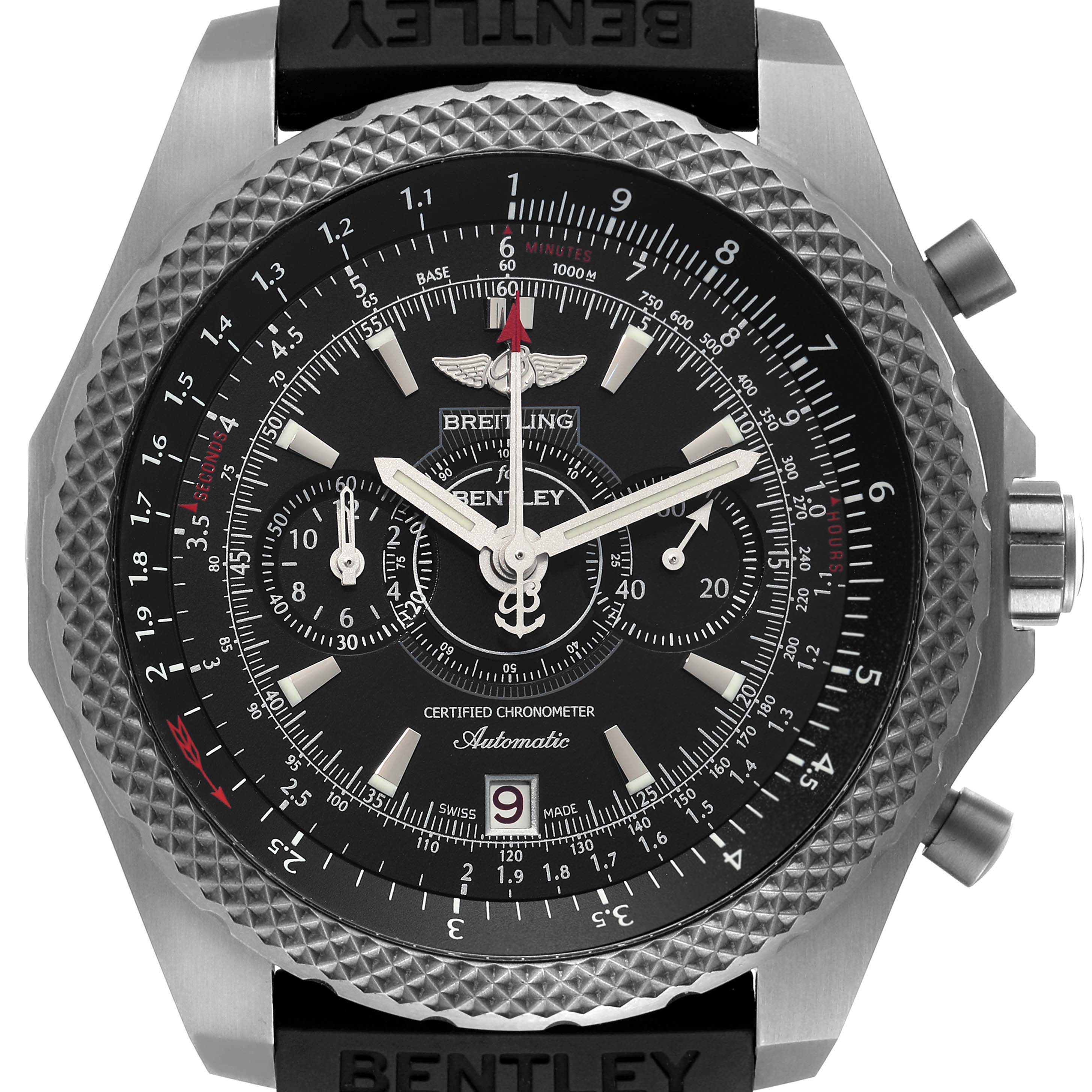 The image shows a frontal view of the Breitling Bentley E2736522/BC63 Men's Titanium Black Dial E2736522/BC63 Men's Titanium Black Dial watch, featuring its bezel, dial, subdials, and date window.