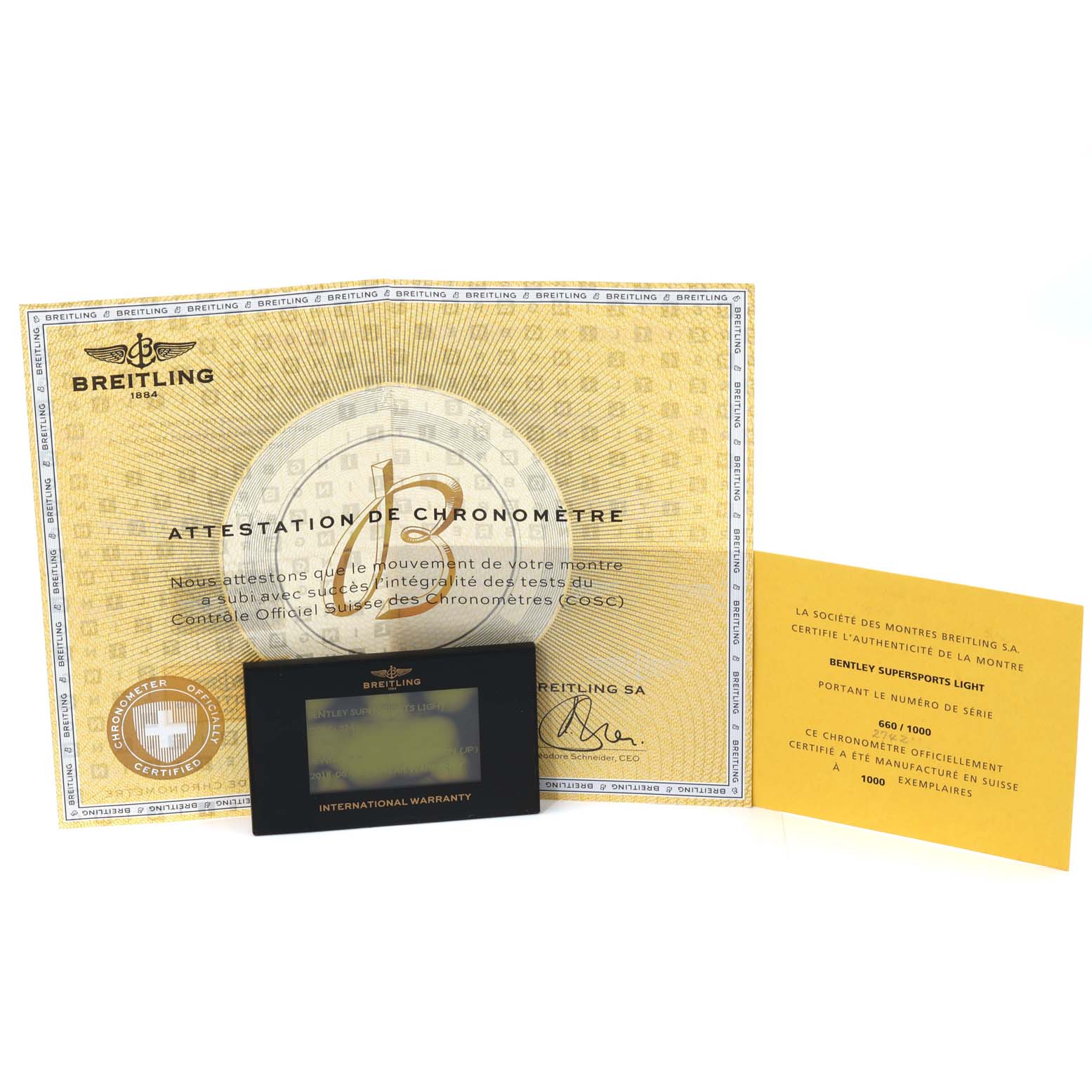 The image shows certificates and an international warranty card for the Breitling Bentley E2736522/BC63 Men's Titanium Black Dial E2736522/BC63 Men's Titanium Black Dial model watch.