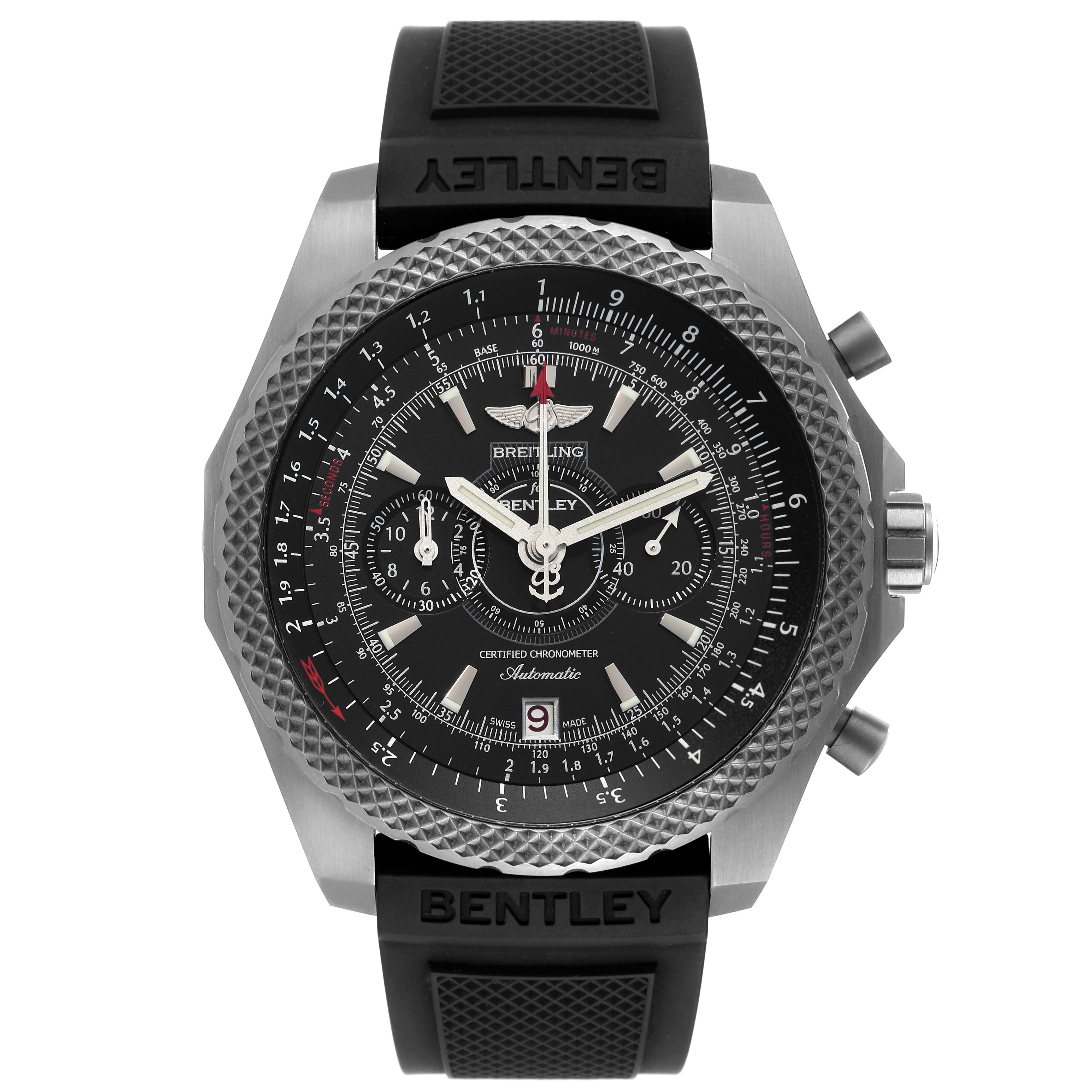 The image shows a front view of the Breitling Bentley E2736522/BC63 Men's Titanium Black Dial E2736522/BC63 Men's Titanium Black Dial watch, displaying its face, bezel, crown, pushers, and rubber strap.