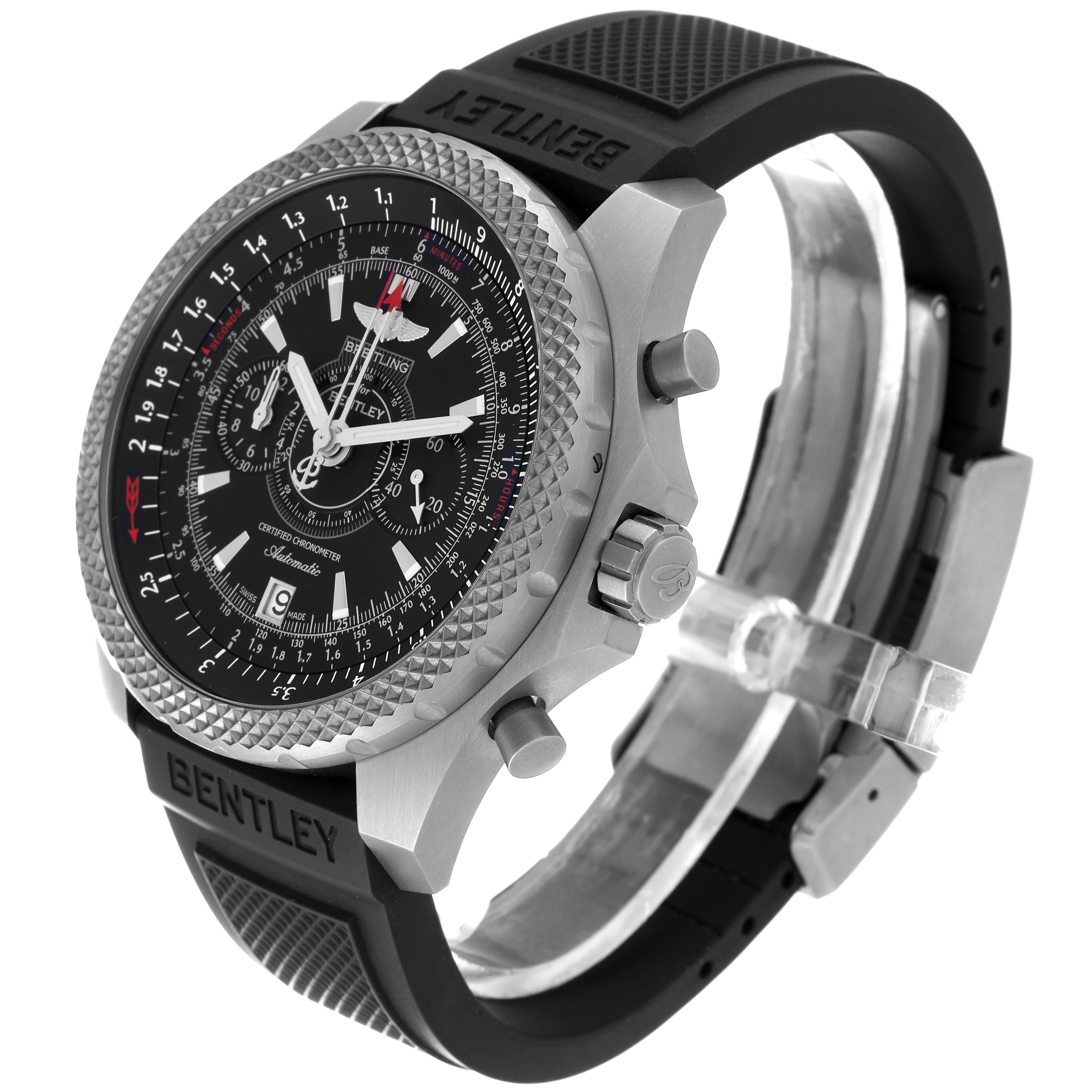 The image shows a Breitling Bentley E2736522/BC63 Men's Titanium Black Dial E2736522/BC63 Men's Titanium Black Dial watch angled to display the face, bezel, crown, and strap.
