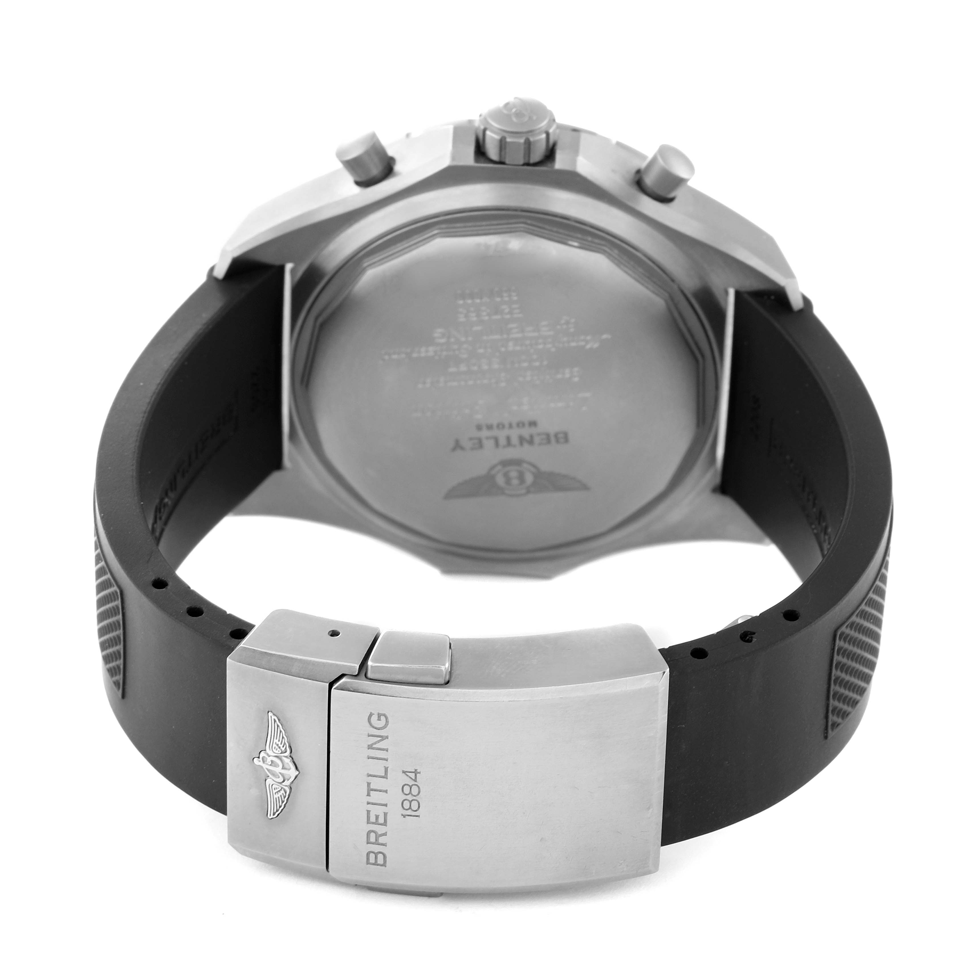 The image shows the back view of a Breitling Bentley E2736522/BC63 Men's Titanium Black Dial E2736522/BC63 Men's Titanium Black Dial watch, including the case back, strap, and clasp closure.