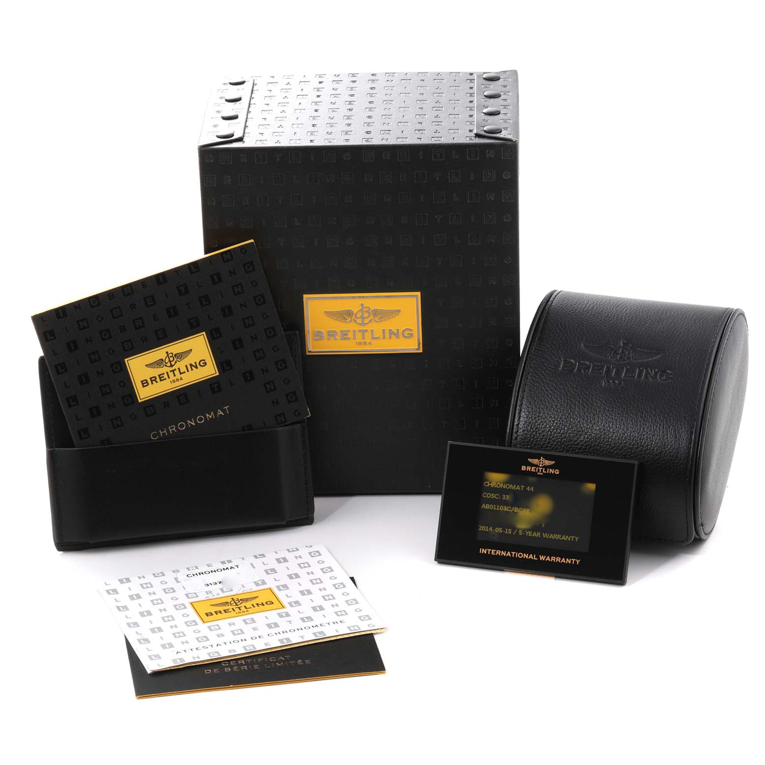 This image shows the Breitling Chronomat AB01103C/BC48 Men's Stainless Steel Mother of Pearl Dial AB01103C/BC48 Men's Stainless Steel Mother of Pearl Dial watch packaging, including the box, warranty card, and documentation.