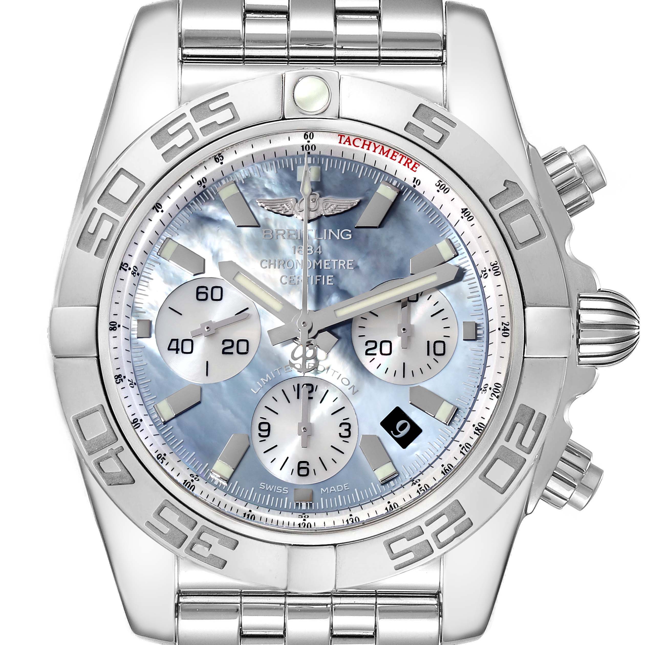 The image shows a frontal view of the Breitling Chronomat AB01103C/BC48 Men's Stainless Steel Mother of Pearl Dial AB01103C/BC48 Men's Stainless Steel Mother of Pearl Dial watch, highlighting its face, bezel, and chronograph dials.