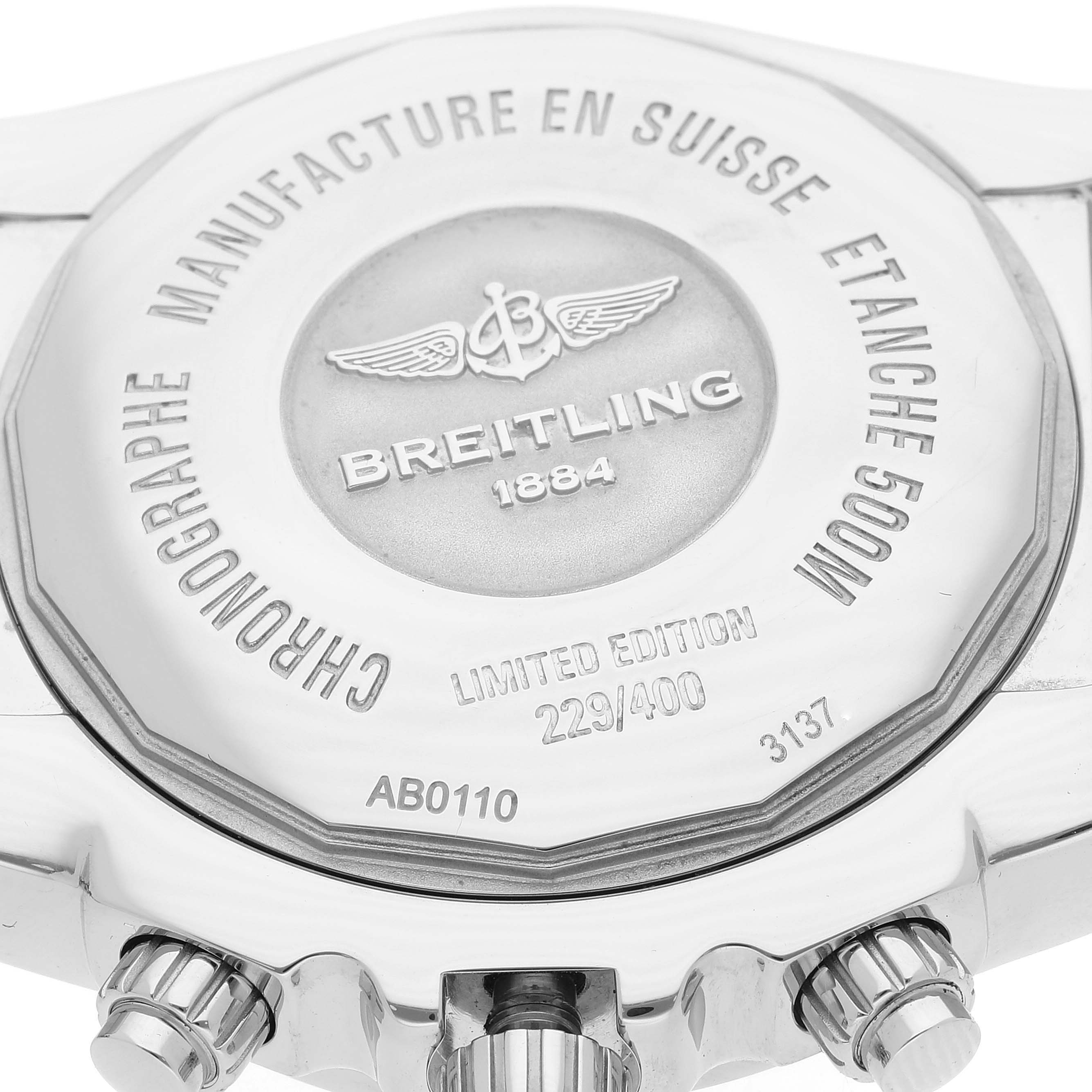 The image shows the rear view of the limited edition Breitling Chronomat AB01103C/BC48 Men's Stainless Steel Mother of Pearl Dial AB01103C/BC48 Men's Stainless Steel Mother of Pearl Dial watch, highlighting its case back and inscriptions.