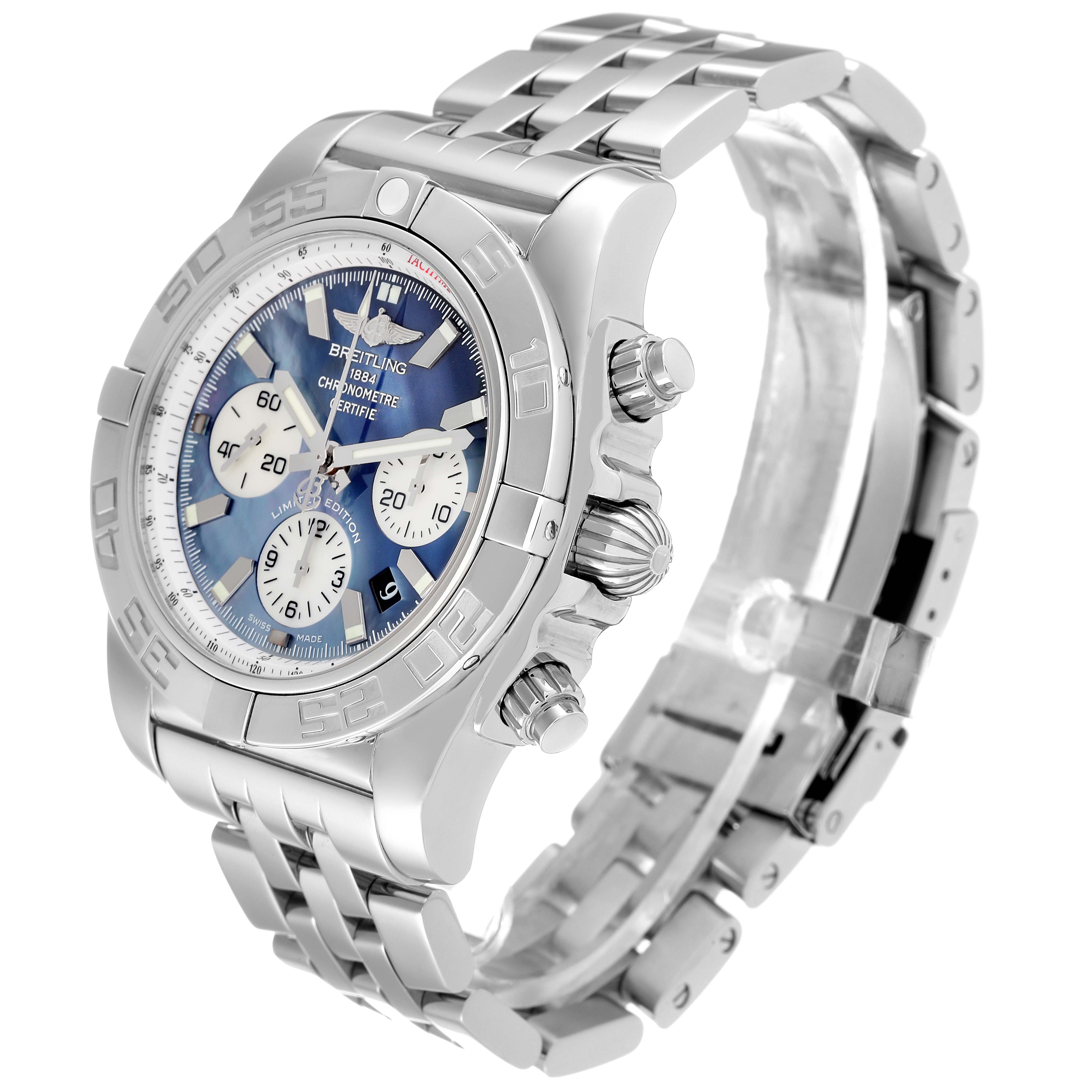 The image depicts a Breitling Chronomat AB01103C/BC48 Men's Stainless Steel Mother of Pearl Dial AB01103C/BC48 Men's Stainless Steel Mother of Pearl Dial watch with a side angle, showcasing the face, crown, pushers, and stainless steel bracelet.