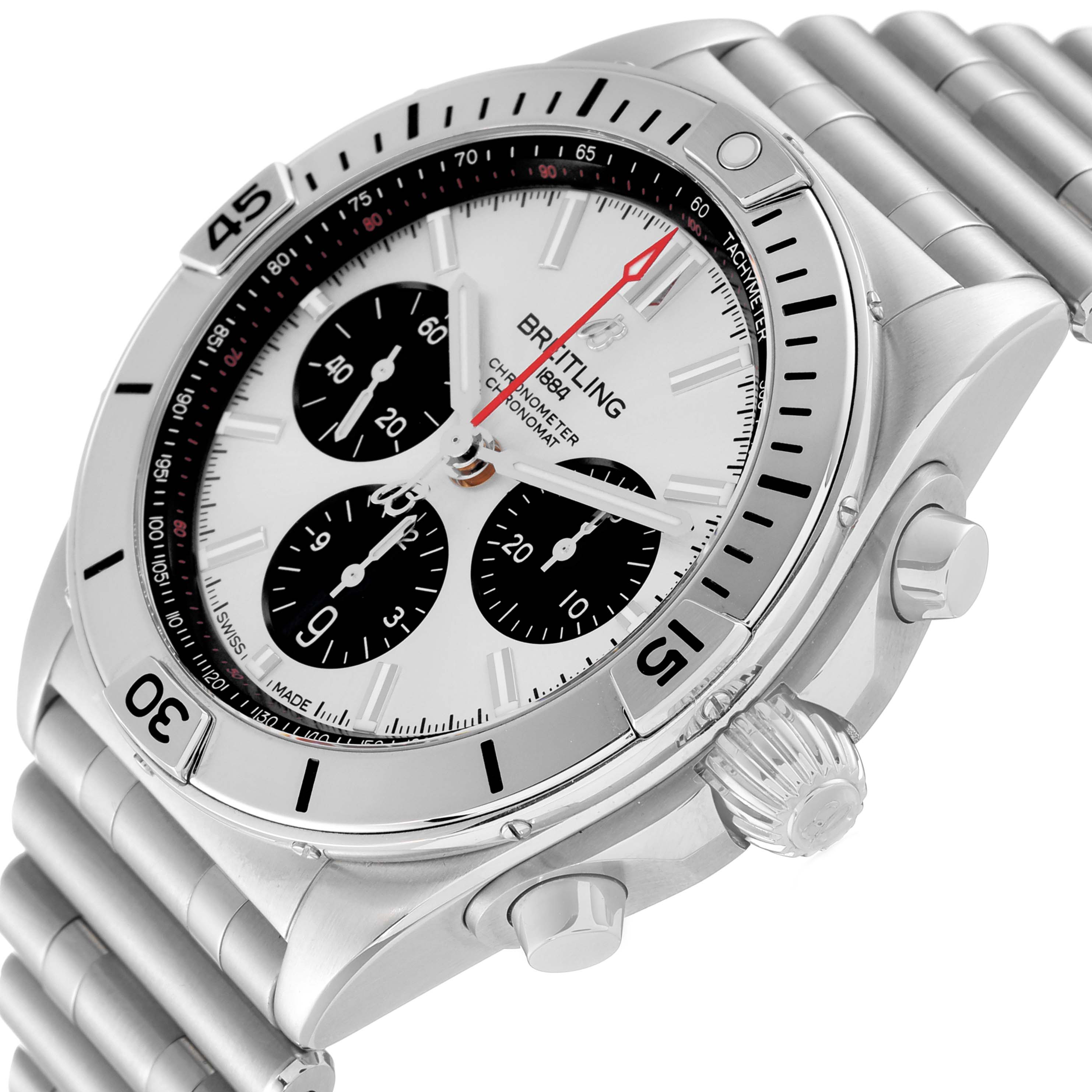 The Breitling Chronomat AB0134 Men
s Stainless Steel Silver Dial AB0134 Men
s Stainless Steel Silver Dial watch is shown at an angled close-up, highlighting its dial, bezel, and bracelet.