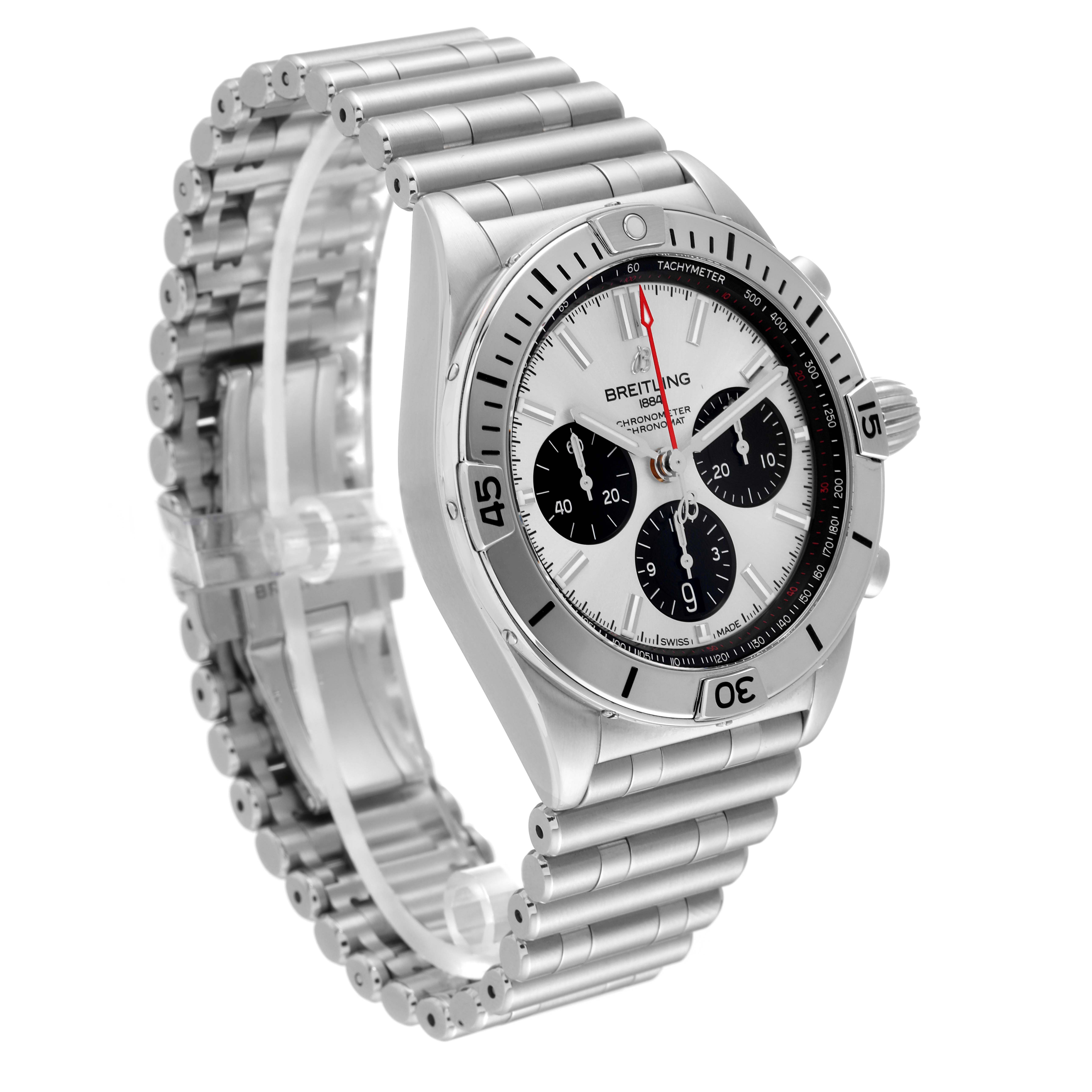 The image shows a side angle view of a Breitling Chronomat AB0134 Men
s Stainless Steel Silver Dial AB0134 Men
s Stainless Steel Silver Dial watch, featuring the bracelet, case, dial, and bezel.