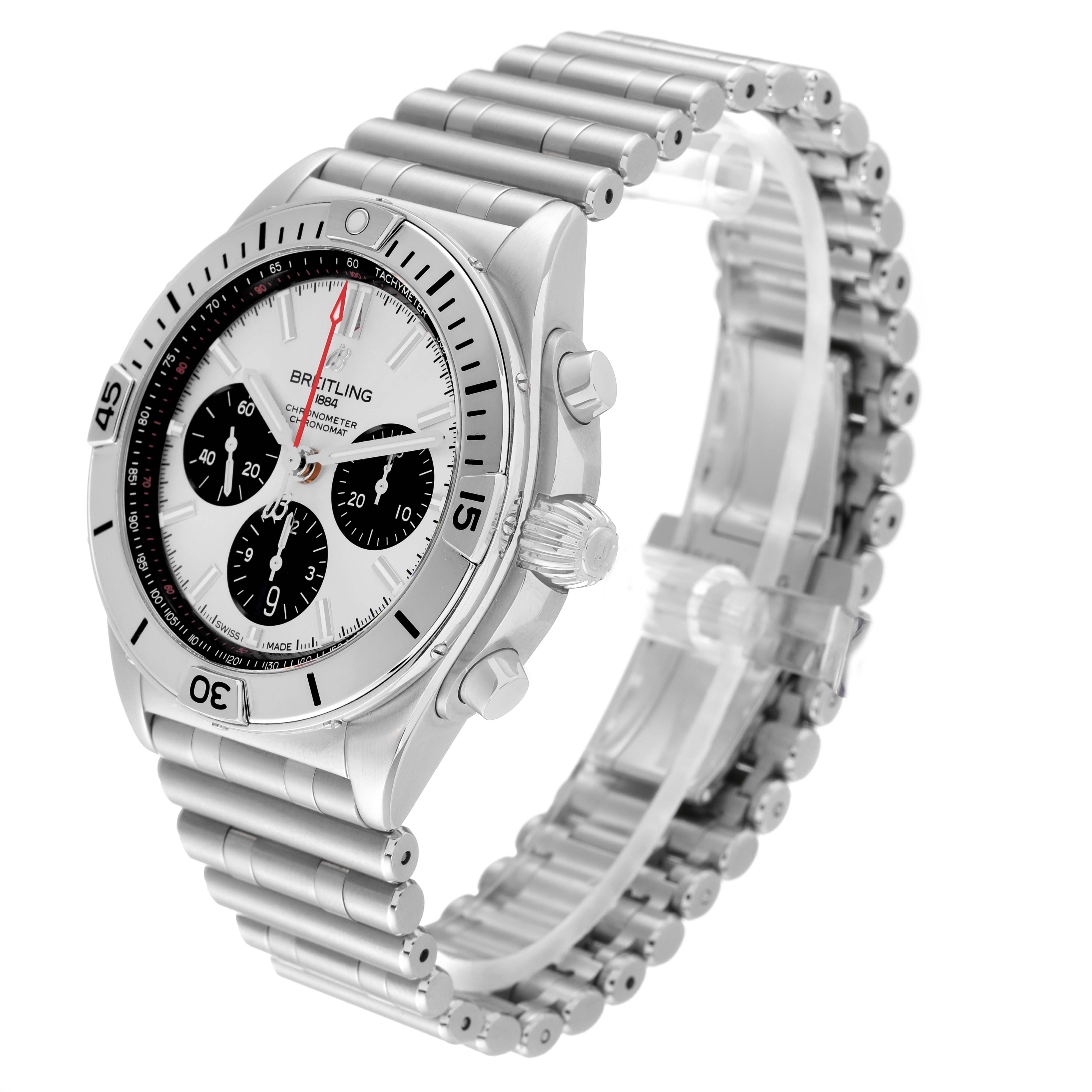 The image shows a side-angle view of the Breitling Chronomat AB0134 Men
s Stainless Steel Silver Dial AB0134 Men
s Stainless Steel Silver Dial watch, highlighting the face, dial, band, and crown.