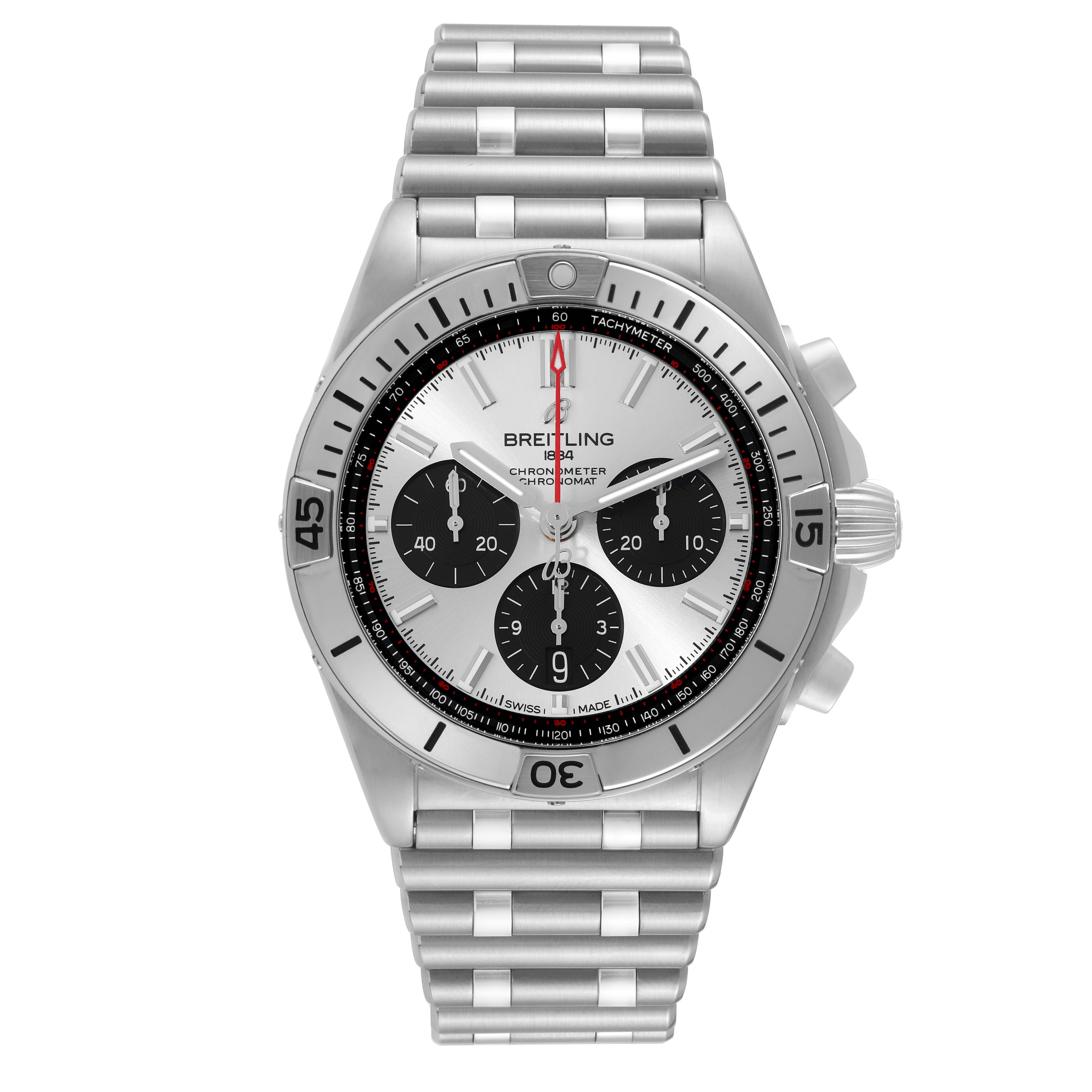 The image shows a front view of the Breitling Chronomat AB0134 Men
s Stainless Steel Silver Dial AB0134 Men
s Stainless Steel Silver Dial watch, displaying the dial, bezel, and stainless steel bracelet.
