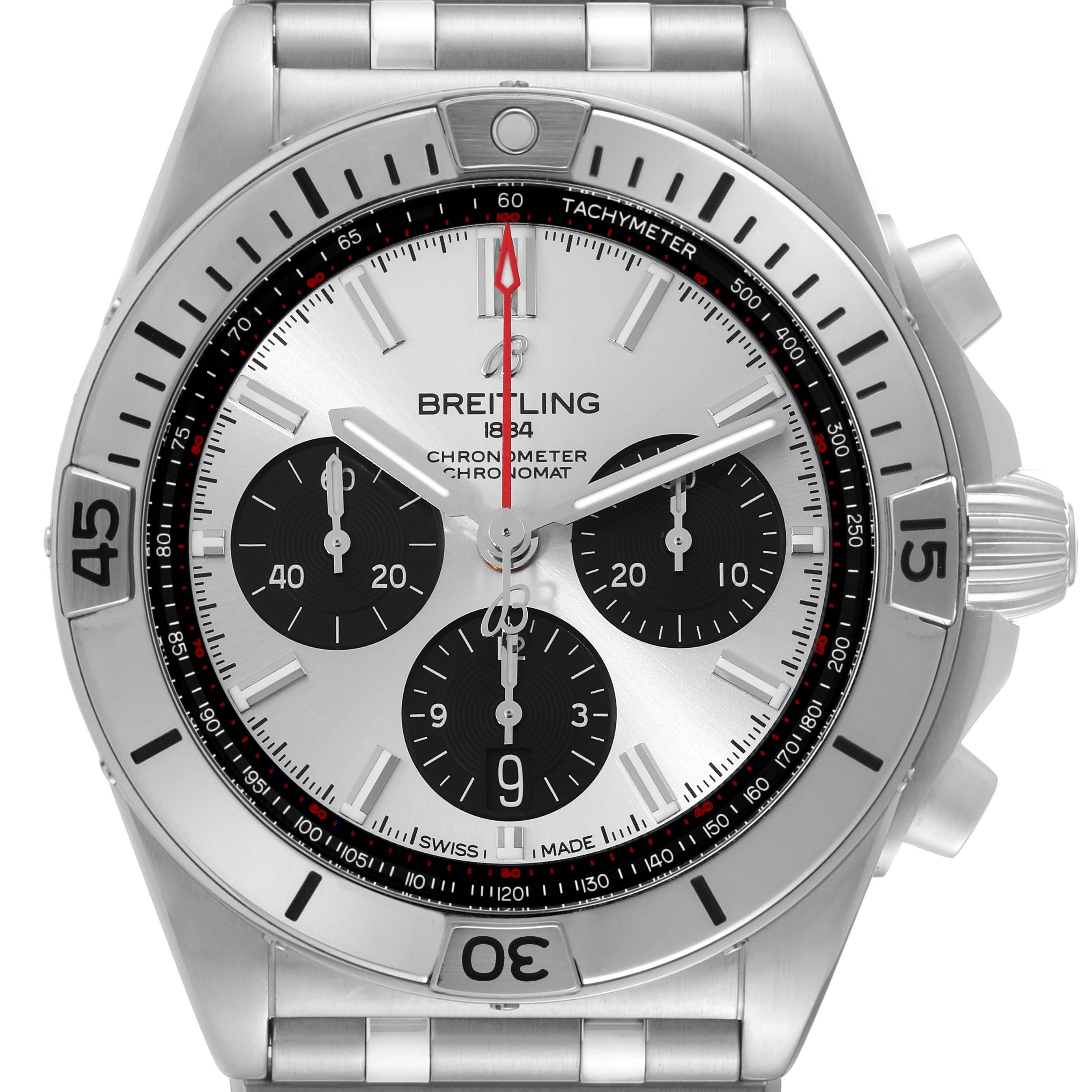 The image shows a front view of a Breitling Chronomat AB0134 Men
s Stainless Steel Silver Dial AB0134 Men
s Stainless Steel Silver Dial watch, highlighting its dial, bezel, and chronograph subdials.