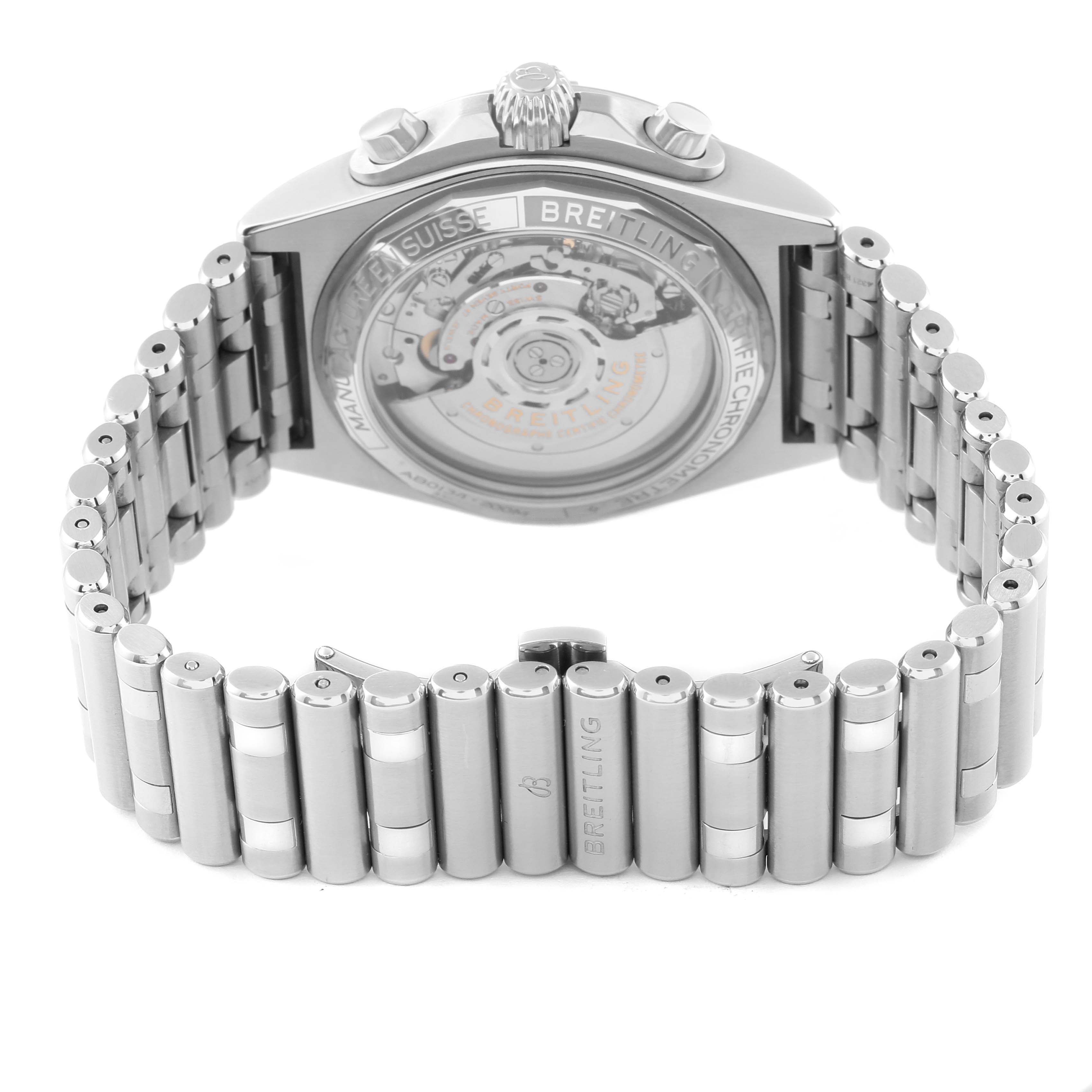 The image shows the back view of a Breitling Chronomat AB0134 Men
s Stainless Steel Silver Dial AB0134 Men
s Stainless Steel Silver Dial watch, highlighting its automatic movement and metal bracelet.